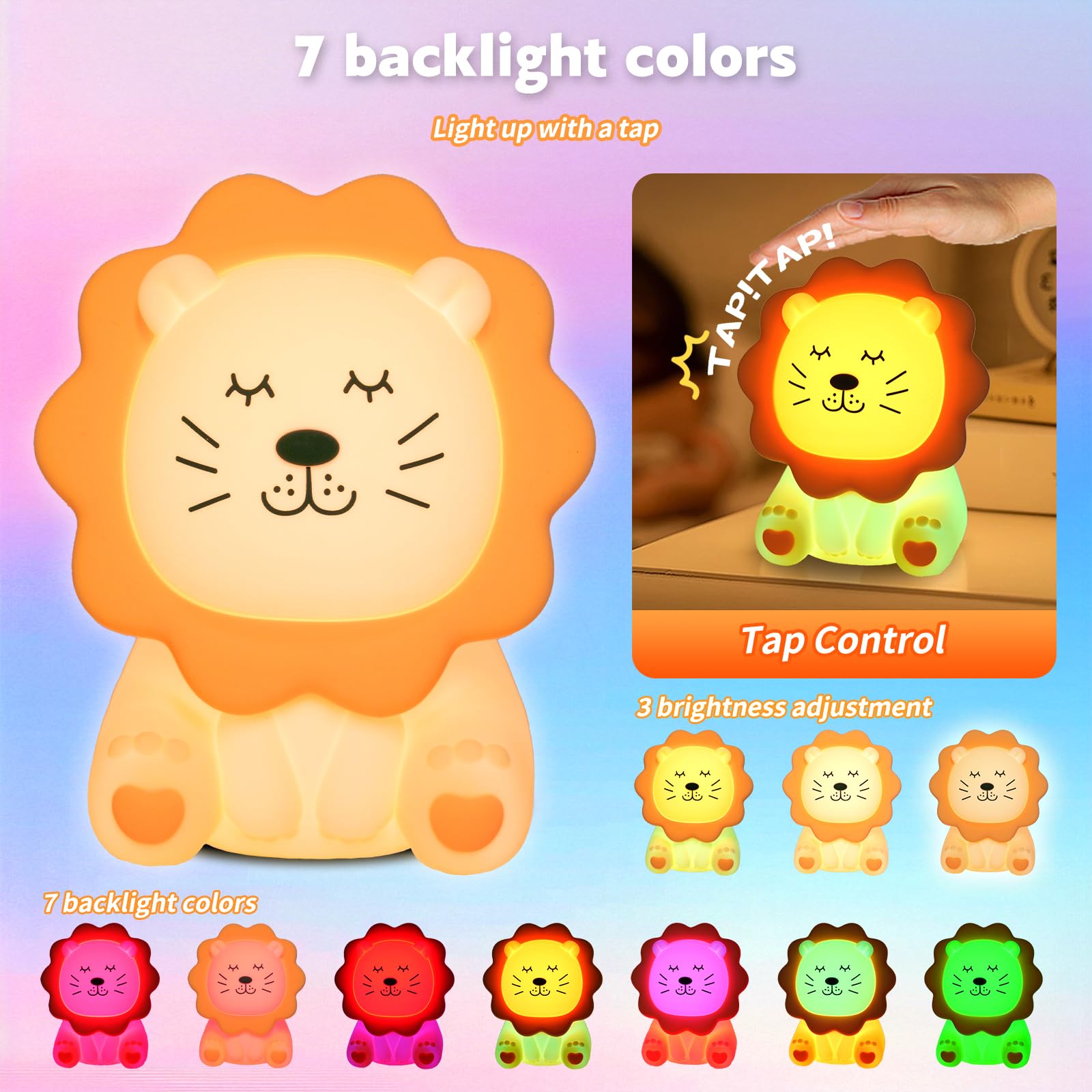 Nawchedo Night Light for Kids - Soft Silicone Lion Lamp, 7 Colors, Dimmable, Rechargeable, Anti-glare, Cute Yellow Design