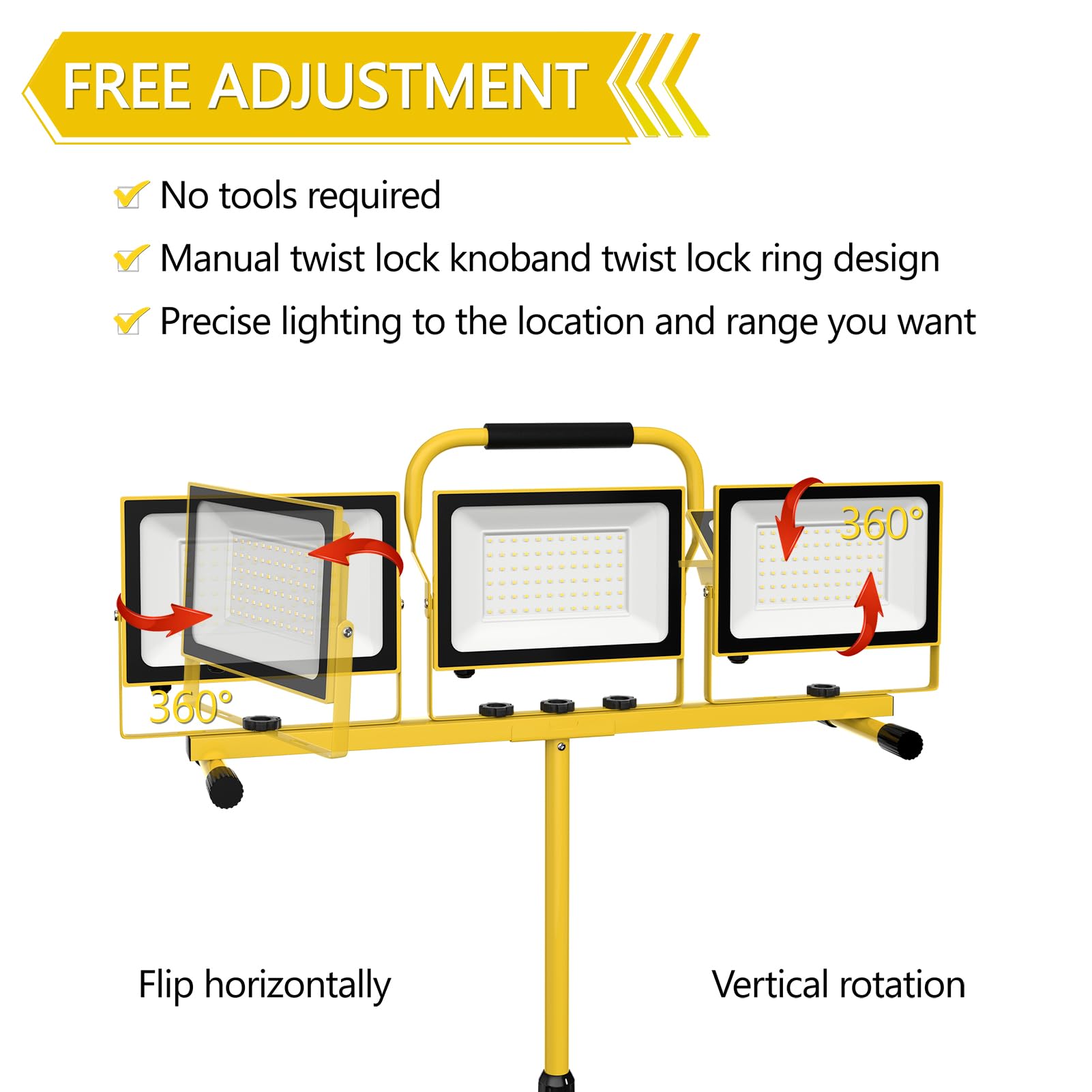21000 Lumens Work Lights With Stand, 3 Adjustable Head Led Work Light, Waterproof Portable Lights With Individual Switch, Led Flood Light With 72 Inch Adjustable Metal Telescoping Tripod