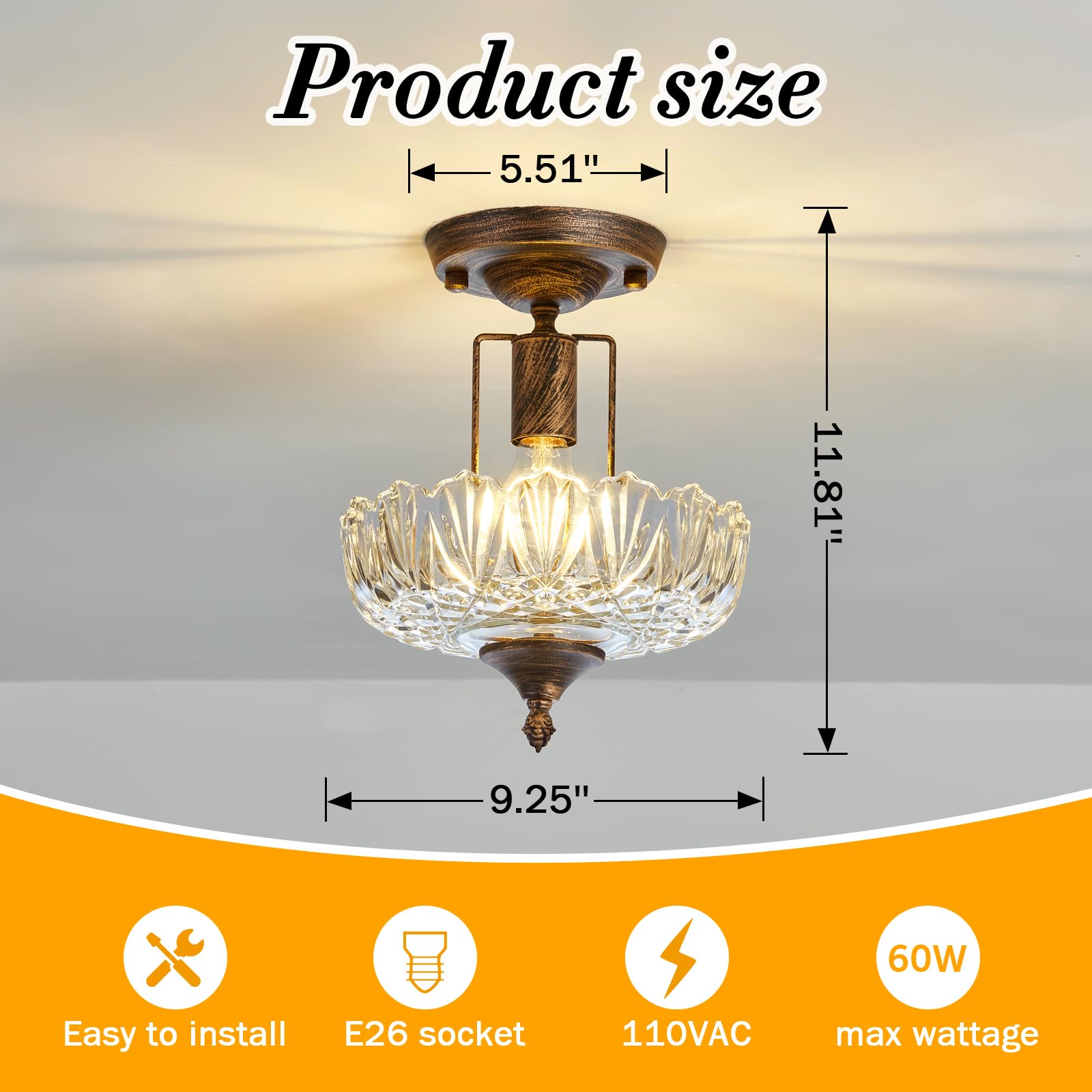 Uofus Glass Ceiling Light Fixture Vintage Small Semi Flush Mount Chandelier Oil Rubbed Bronze Mini E26 Ceiling Lamp For Hallway