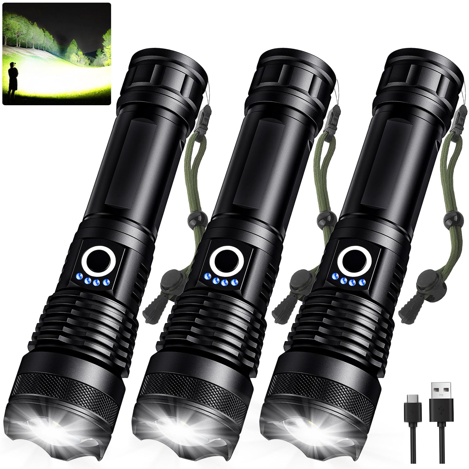 MIXILIN 3 Pack Rechargeable LED Flashlights, 990,000LM, 5 Modes, Waterproof, Aluminum, Black, Model F50-3