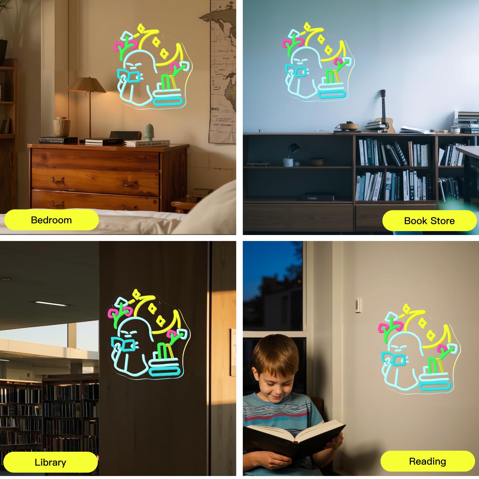Wanxing Neon Sign - Little Ghost Reading Books, USB Powered Dimmable, Medium Size, Colorful Ghost Reading, Ideal for Kids Library and Decor