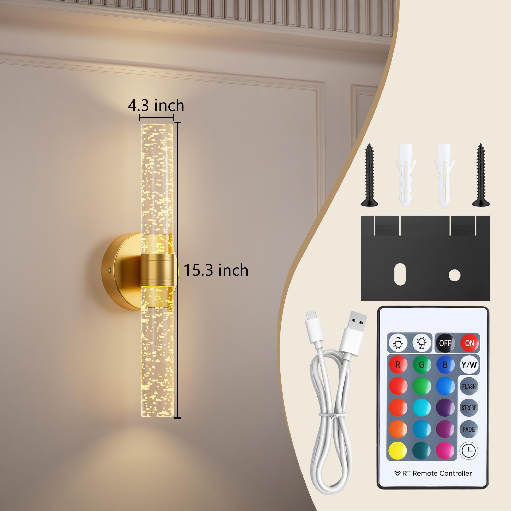 Gift4U Gold Battery Operated Wall Sconce - 13000mAh Rechargeable Light, 15 Color Dimmable, Remote Control, Crystal, 1 pcs
