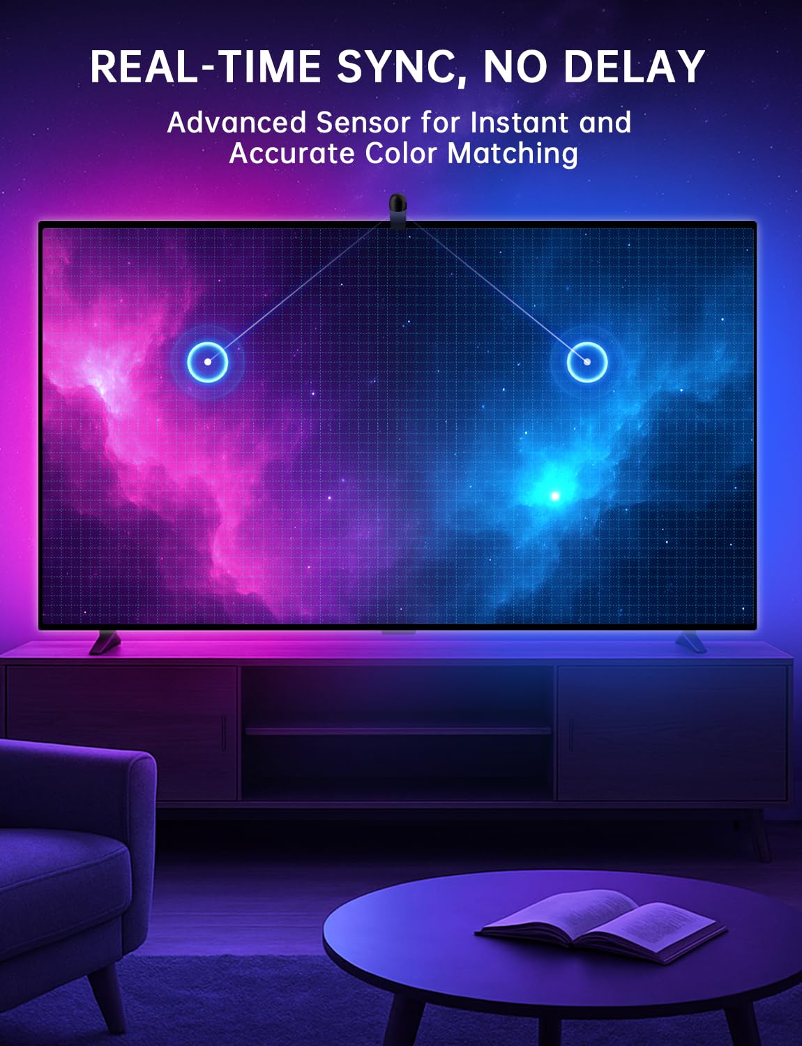 QTU RGB LED Backlight Sync Light Strip - 18ft for 75-85" TVs, Smart App Control, Multicolor, Model L02