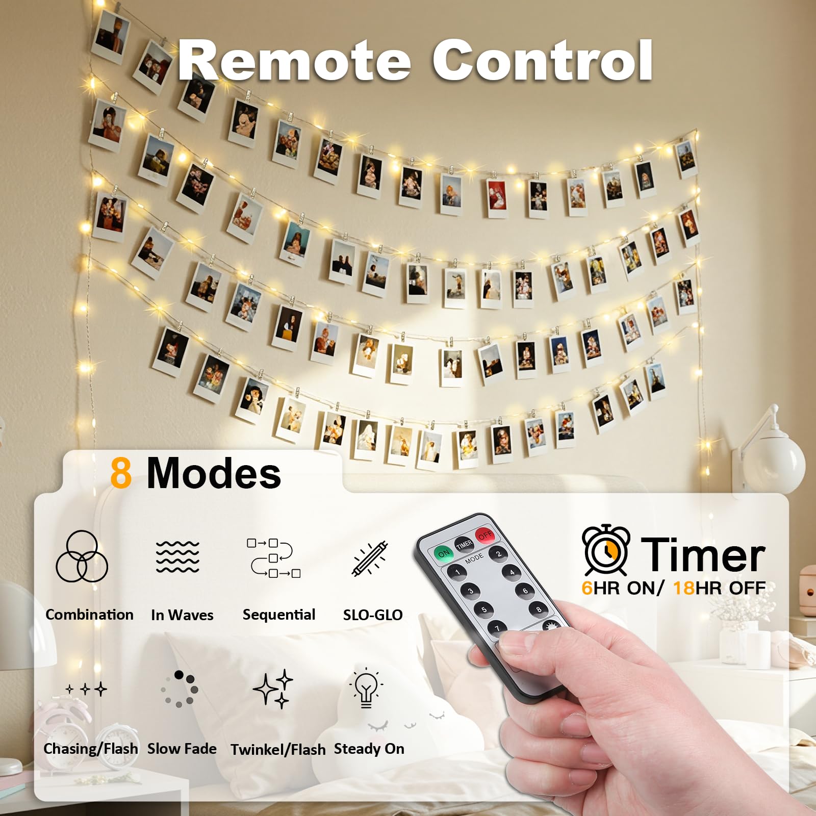 SUDDUS Fairy Lights 16ft 50LED, Warm White, Battery/USB Operated, Photo Clips, Remote Control, Waterproof for Indoor Outdoor Decor