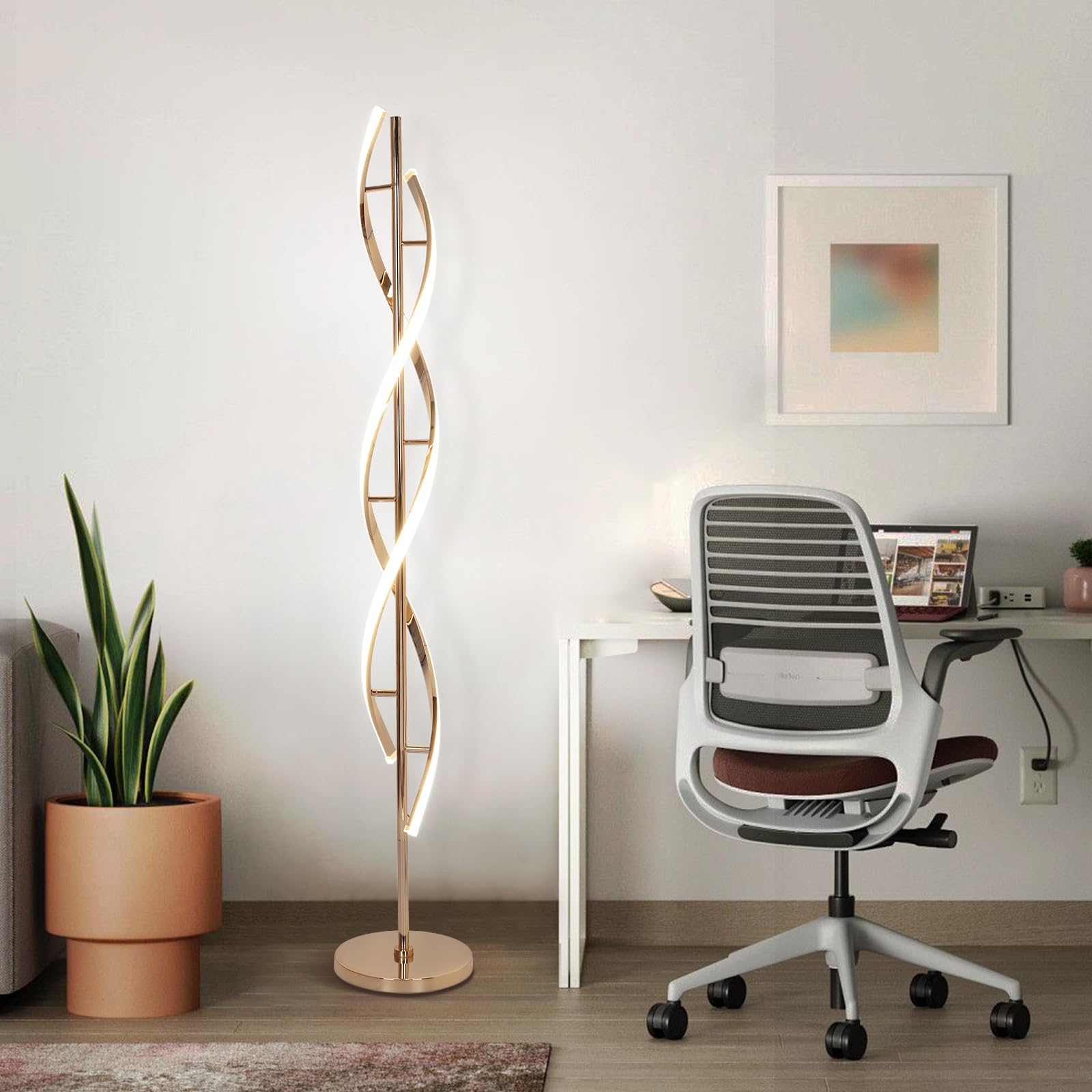 EIDEARAY LED Modern Floor Lamp, 40W Dimmable, Color-Changing, 60" Spiral Design, Gold, Model LDD-G1