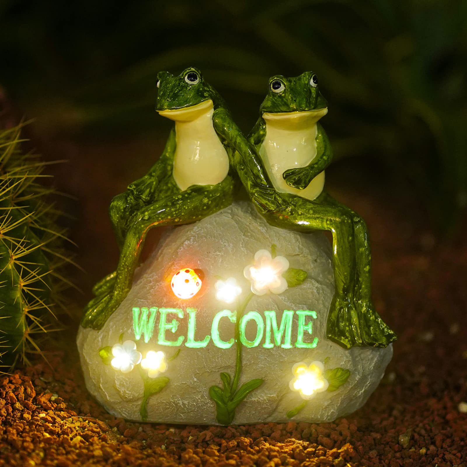 Nacome Solar Garden Frog Statue With Succulent & 7 Led Lights - Patio Yard Decor