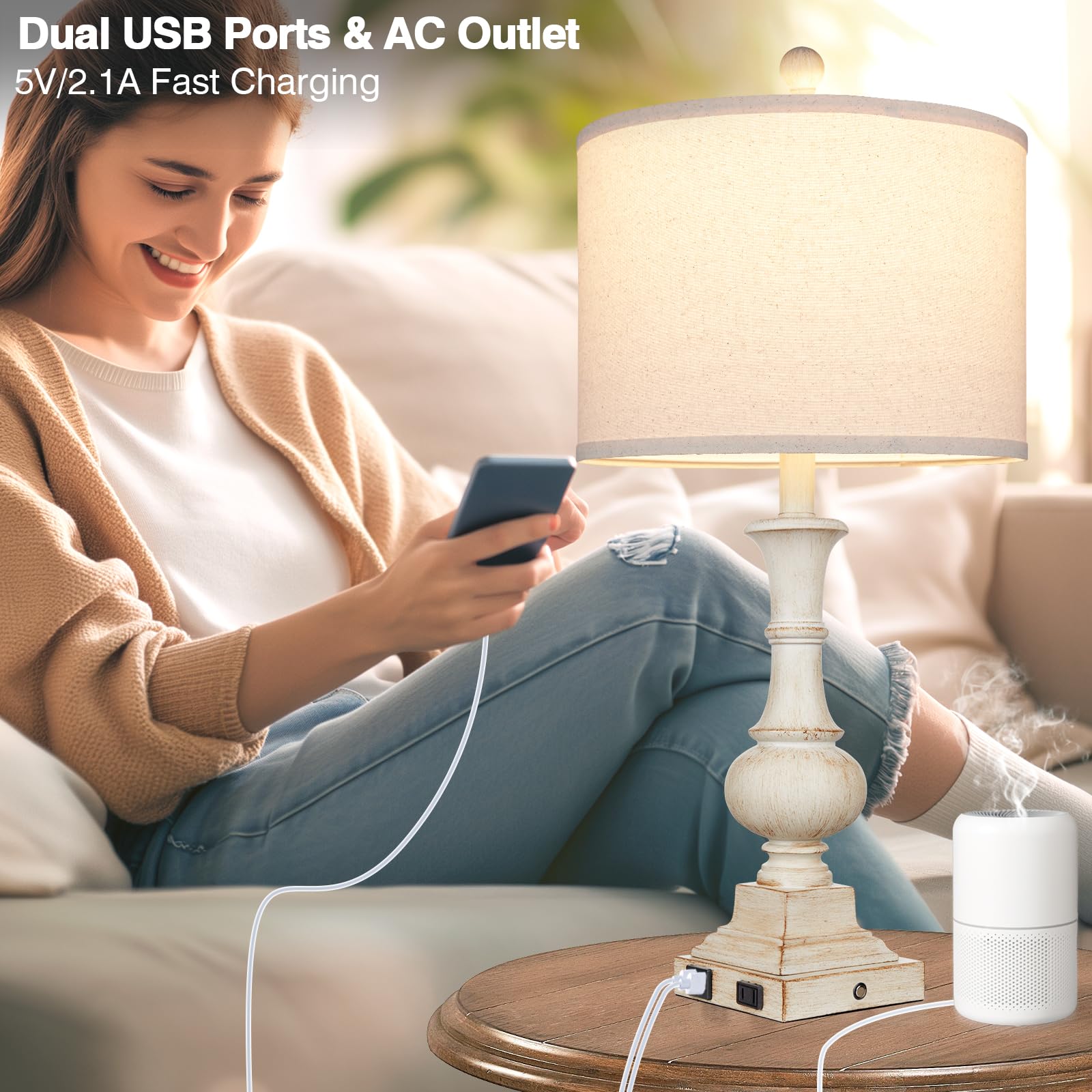 26'' Farmhouse Table Lamps, Table Lamps For Living Room Set Of 2 With Usb A+C Ports & Ac Outlet, Vintage Rustic Touch Control 3-