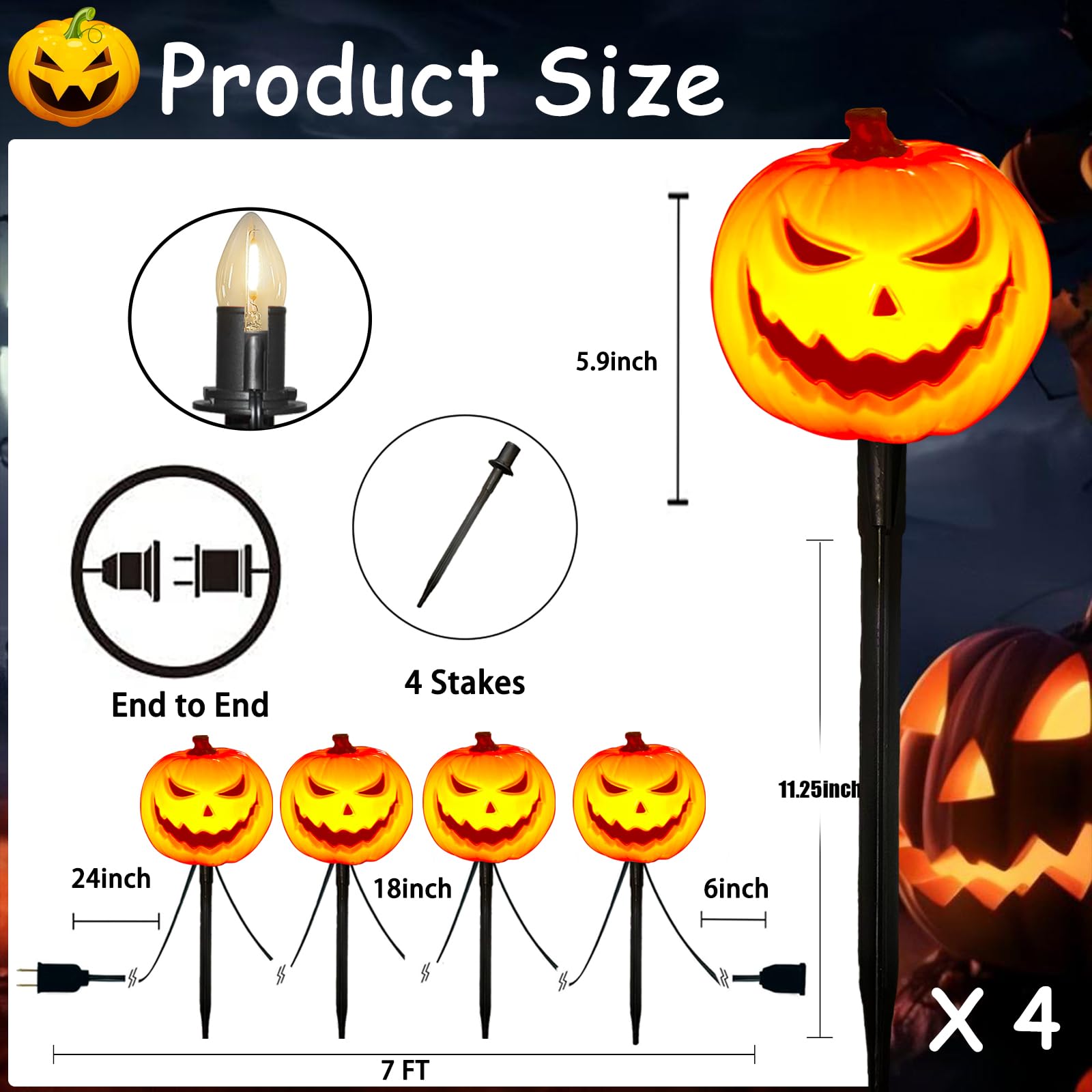 Egcol 4 Pack Halloween Smiley Pumpkin Pathway Lights, 7Ft LED Outdoor String Lights with Jack O Lantern Stakes for Garden Decor