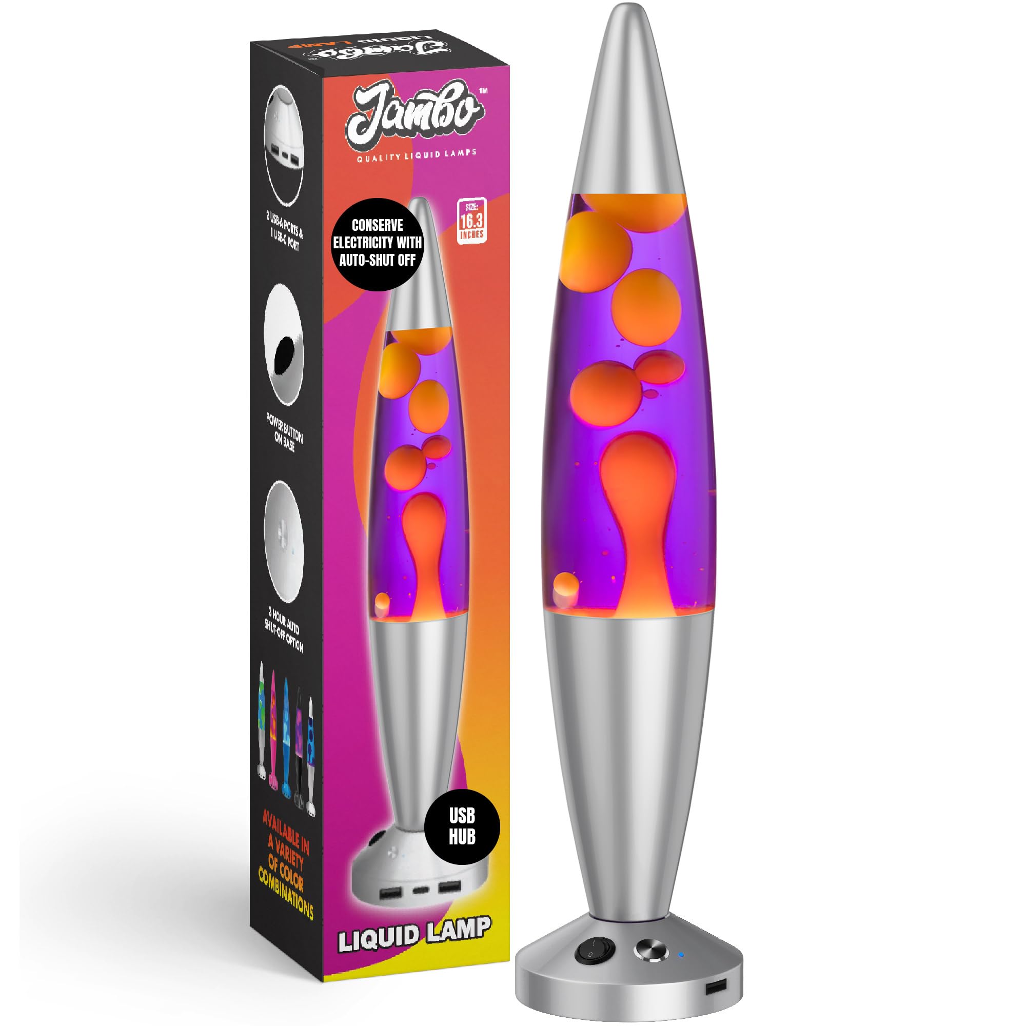 JAMBO Motion Lamp - 16in Silver Base, Purple Liquid, Yellow Wax - USB Ports, Auto Shut Off, Model 59000 - Night Light for Home Decor