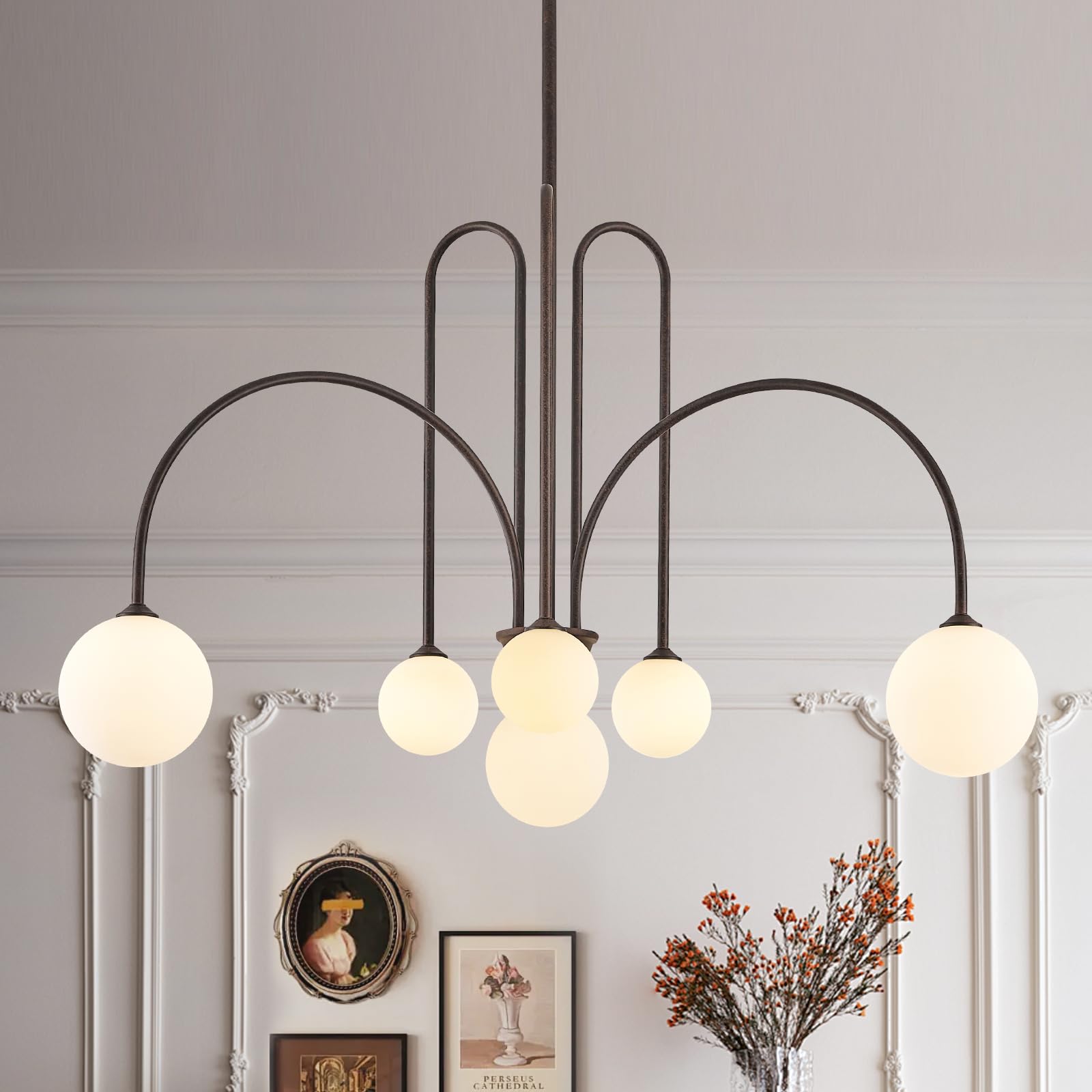CATINER Sputnik Chandelier, 6 Lights, Brown Bronze Metal, Mid Century, 40” Globe Shades, Modern Ceiling Pendant Light for Dining Room