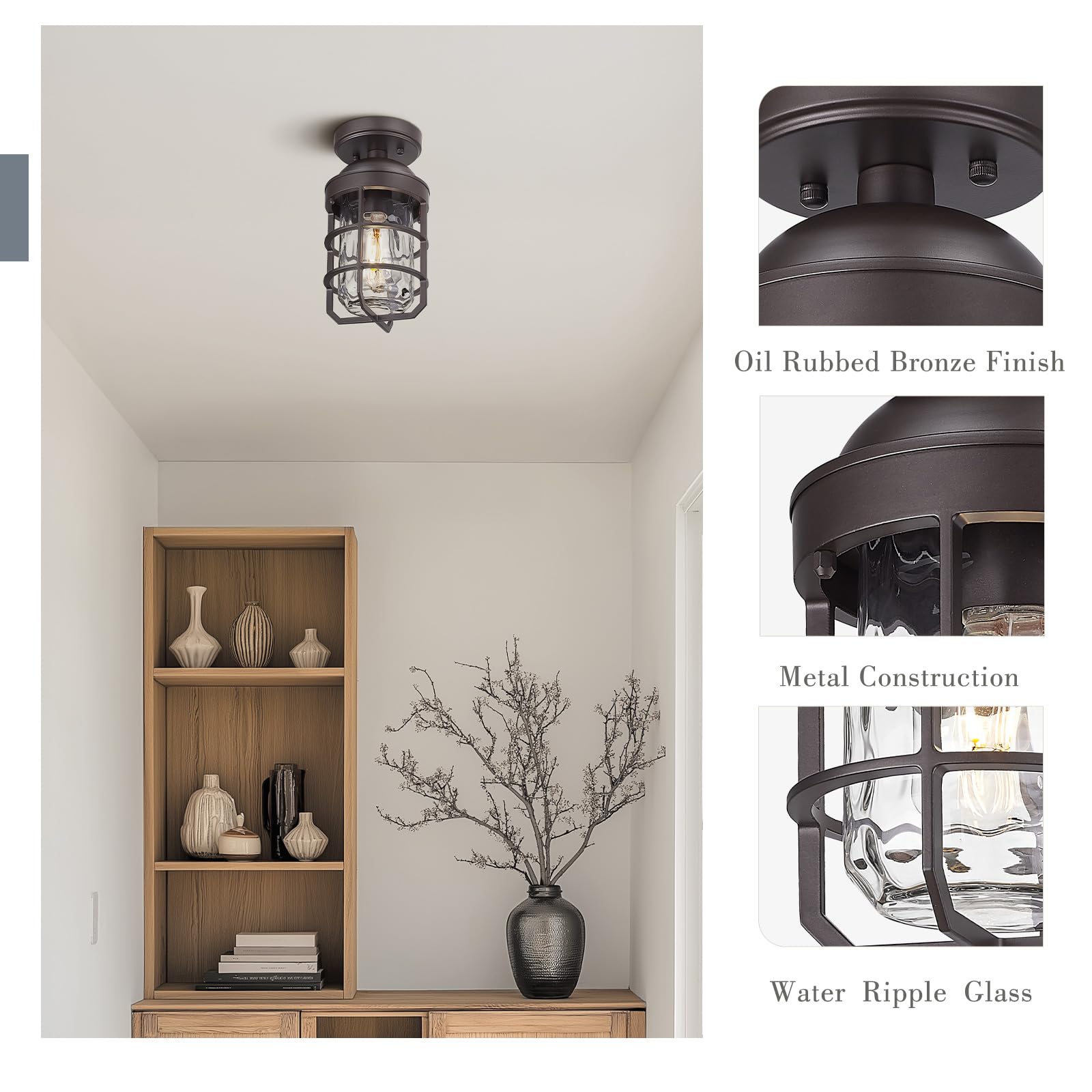 Emliviar Semi-Flush Mount Ceiling Lights, Water Ripple Glass Shade, 2 Pack, Oil Rubbed Bronze, Model GE255LF-2PK ORB-WG