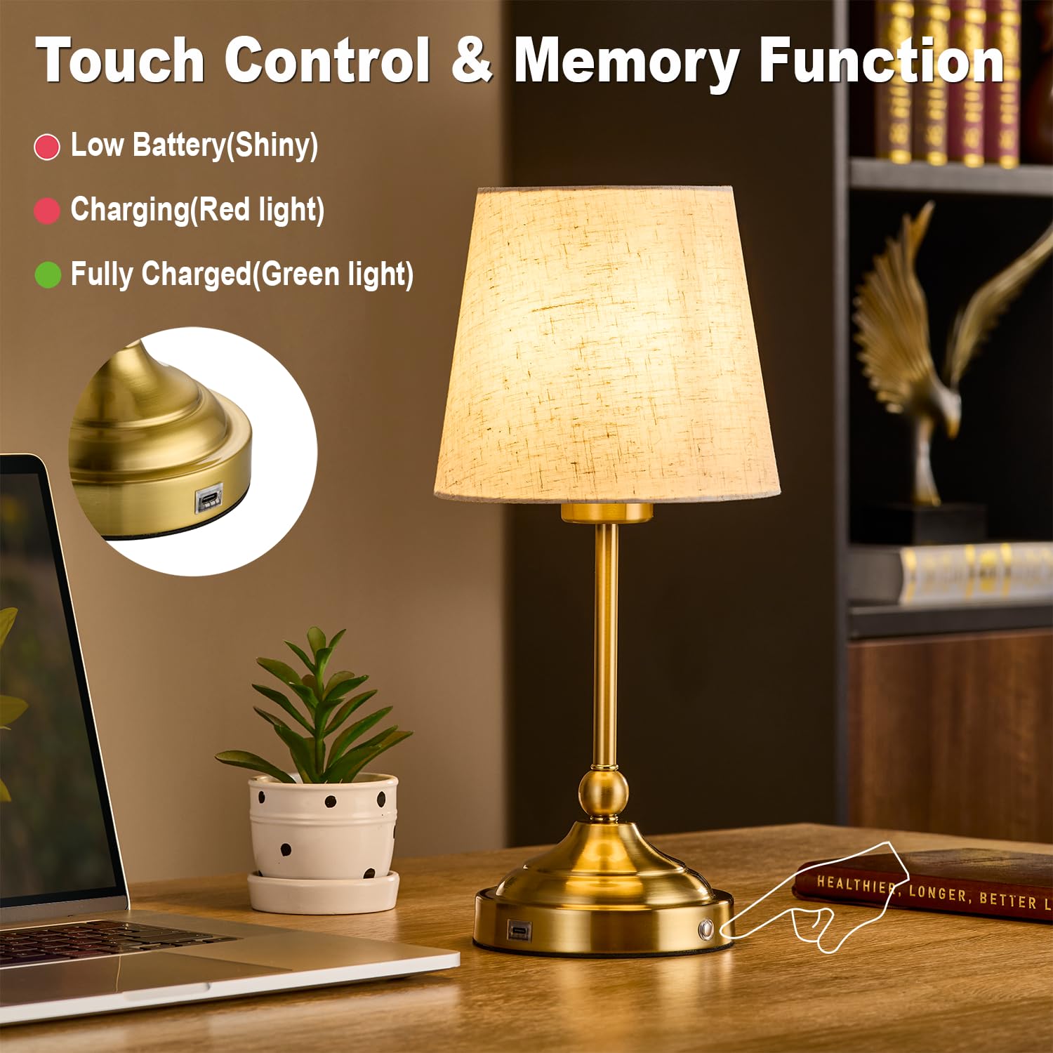 BOHON Cordless Lamp with Dimmer, Built-in 5200mAh Rechargeable Lamp, Patio Table Lamp, LED Bedside Night Light, Outdoor Ambient