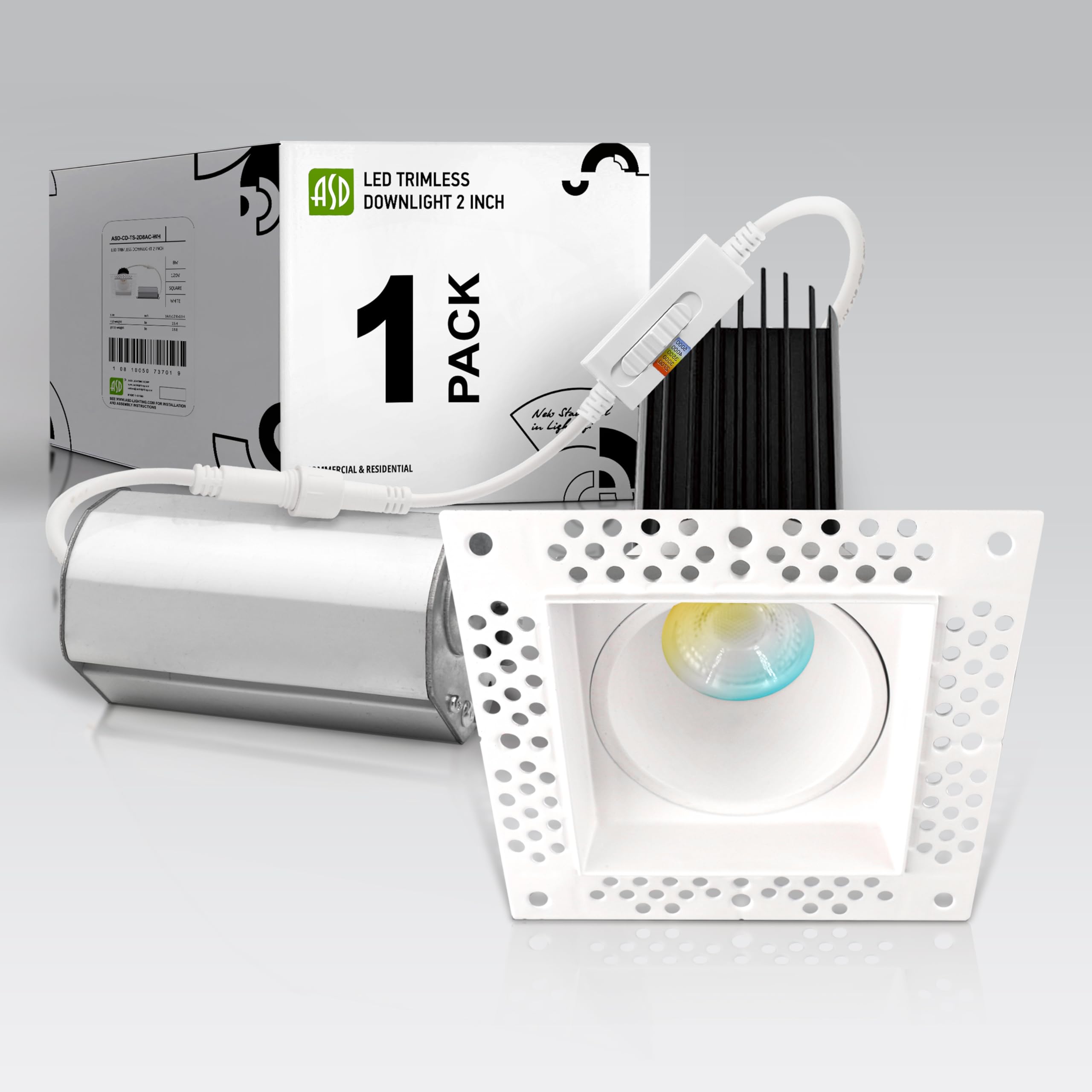ASD Trimless 2 Inch LED Recessed Lighting  15W 120V Commercial Square Downlight  Canless Dimmable Lights for Ceiling with J-Box  5 CCT 2700K-5000K  CRI 90+  IC Rated  ETL Energy Star White