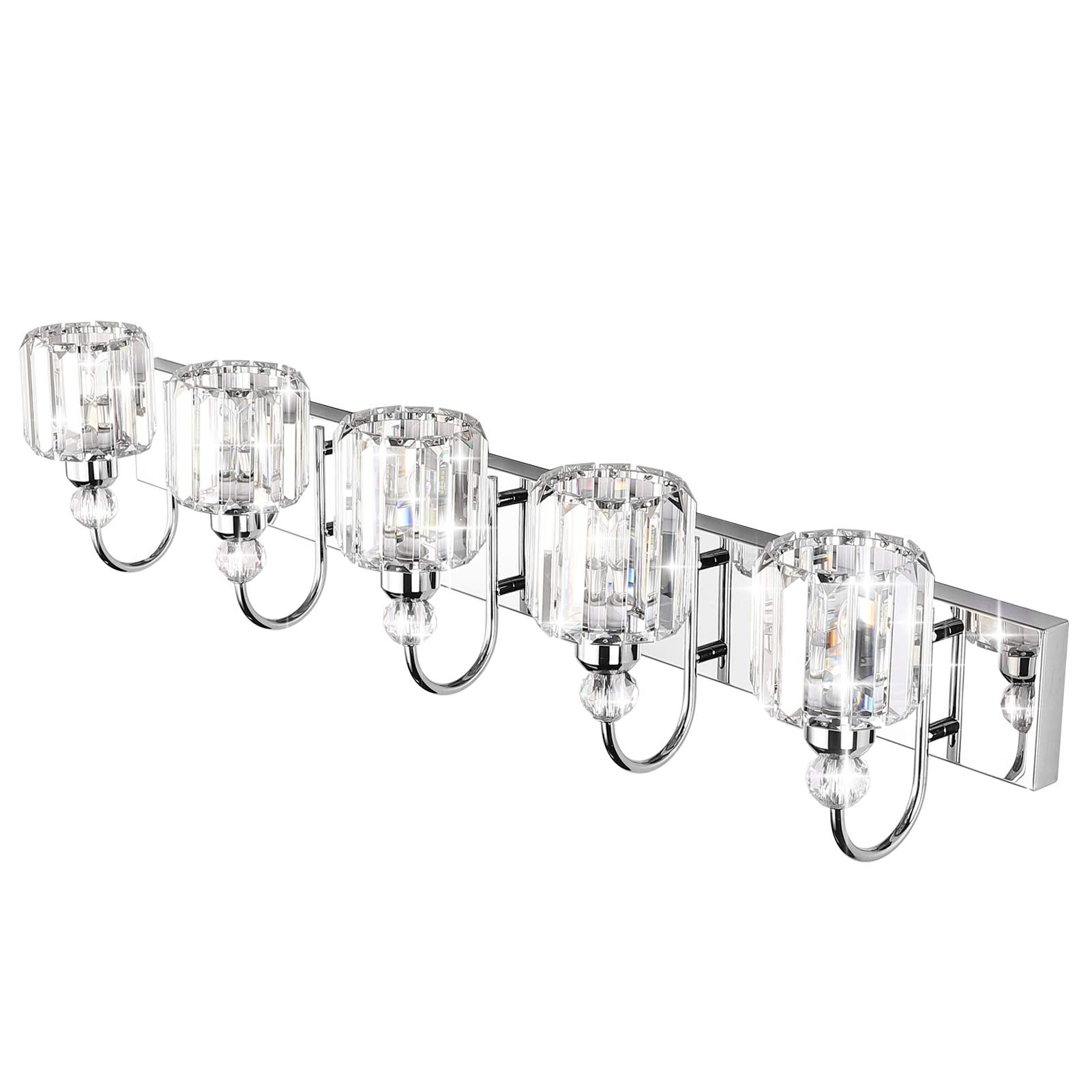 Ralbay 5-Light Modern Led Crystal Bathroom Vanity Lights, Stainless Steel Over Mirror Fixture, Round-Chrome Finish, Model 8600