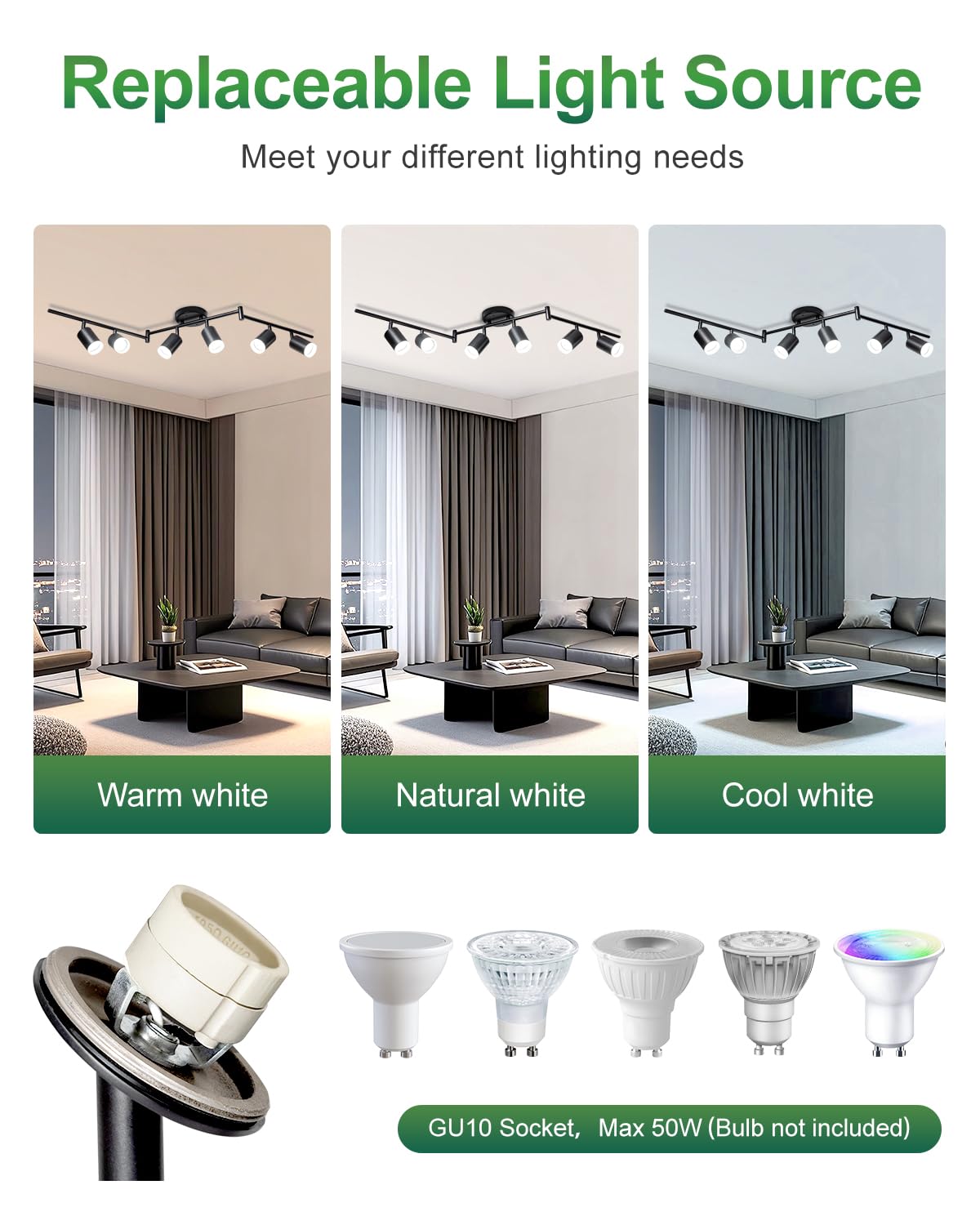 Fondiiz 6 Ways Track Lighting Kit - Rotatable Heads, Modern Black Ceiling Spotlight, Acrylic Cover, Model FL0102
