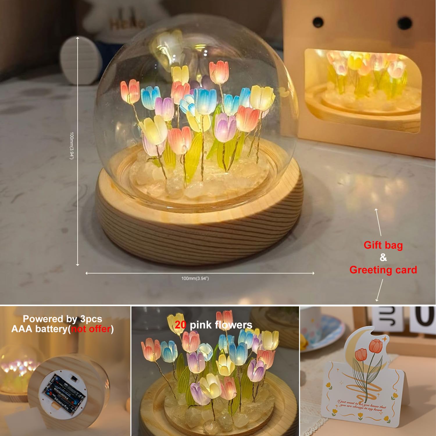 (20 Flower) Assembled Tulip Lamp Night Light With Glass Dome, Cool Handmade Artificial Flower Table Lamp Bedroom Desk Decoration