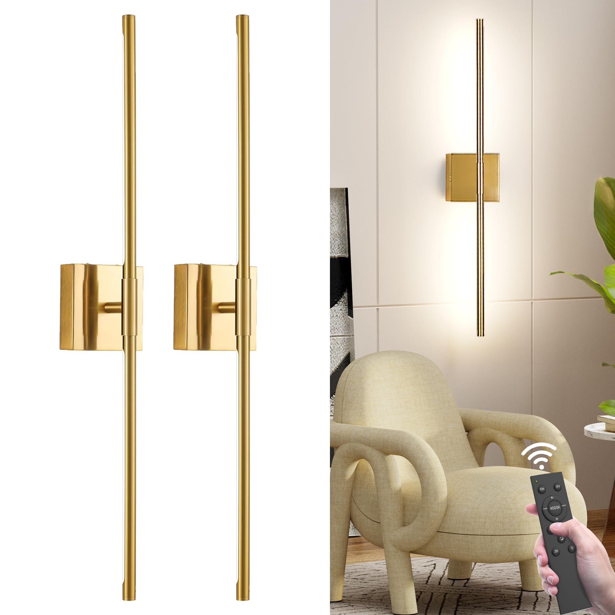 Gift4U Battery Operated Wall Sconce Set of Two, 31.5 Inch, 8000mAh USB Rechargeable, 360° Dimmable LED, Gold