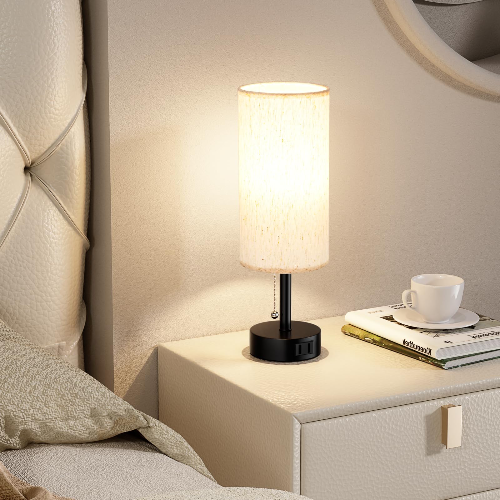 Bedside Table Lamp For Nightstand - 3 Color Temperatures Pull Chain Lamp With Ac Outlet Charging Port, Round Night Stand Lamp For Bedroom Living Room Guest Room, Small Bed Side Light With E26 Led Bulb