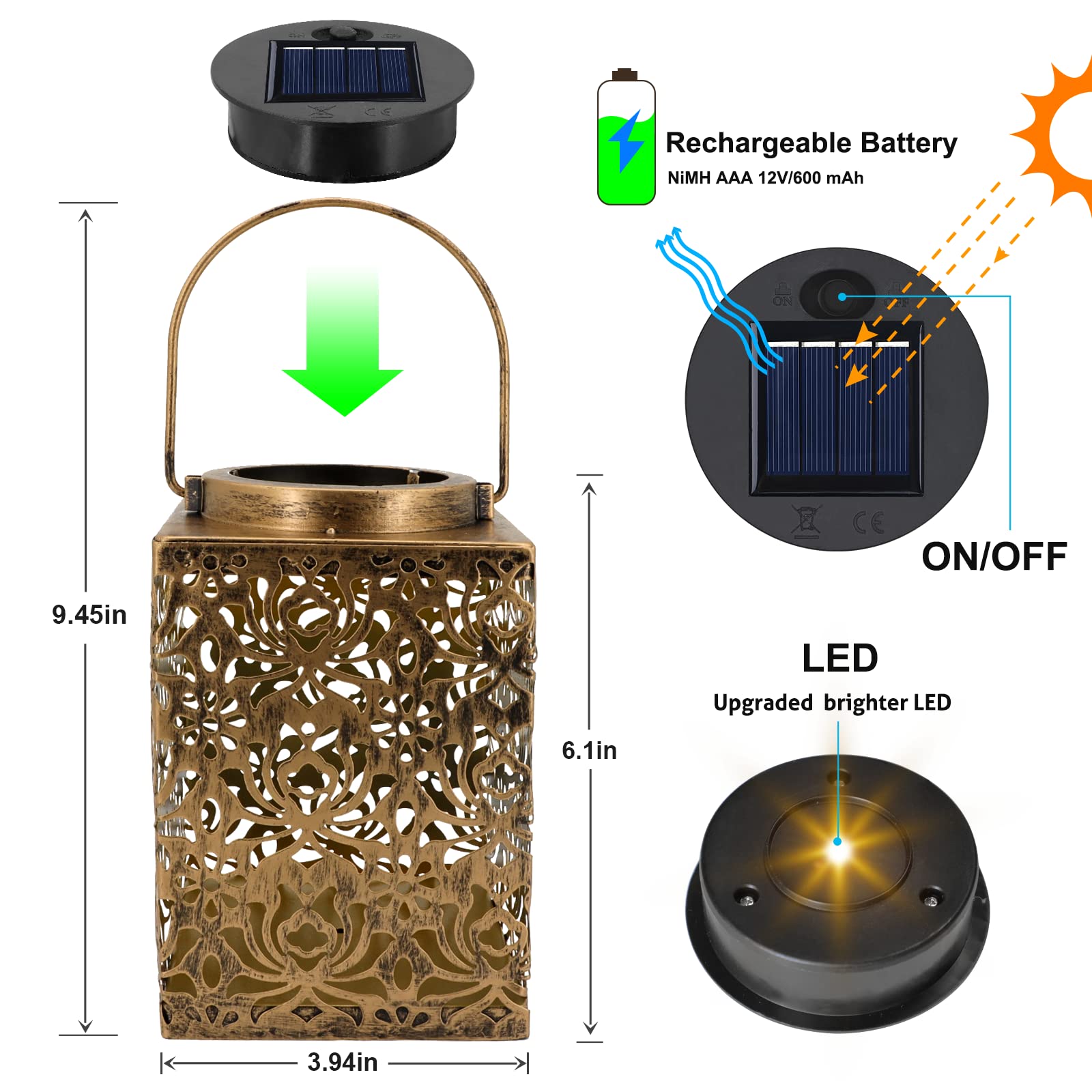 Ywywled Solar Lanterns 2 Pack - Waterproof Metal Garden Lights For Patio, Yard, Decor, Gifts