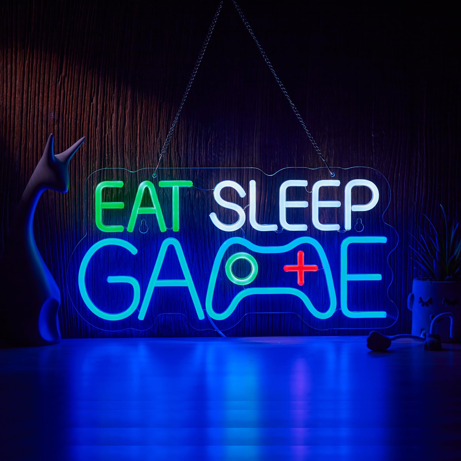 Roouneon LED Neon Sign, EAT SLEEP GAME, Dimmable, Acrylic, 17”x 8”, Blue, Man Cave Decor