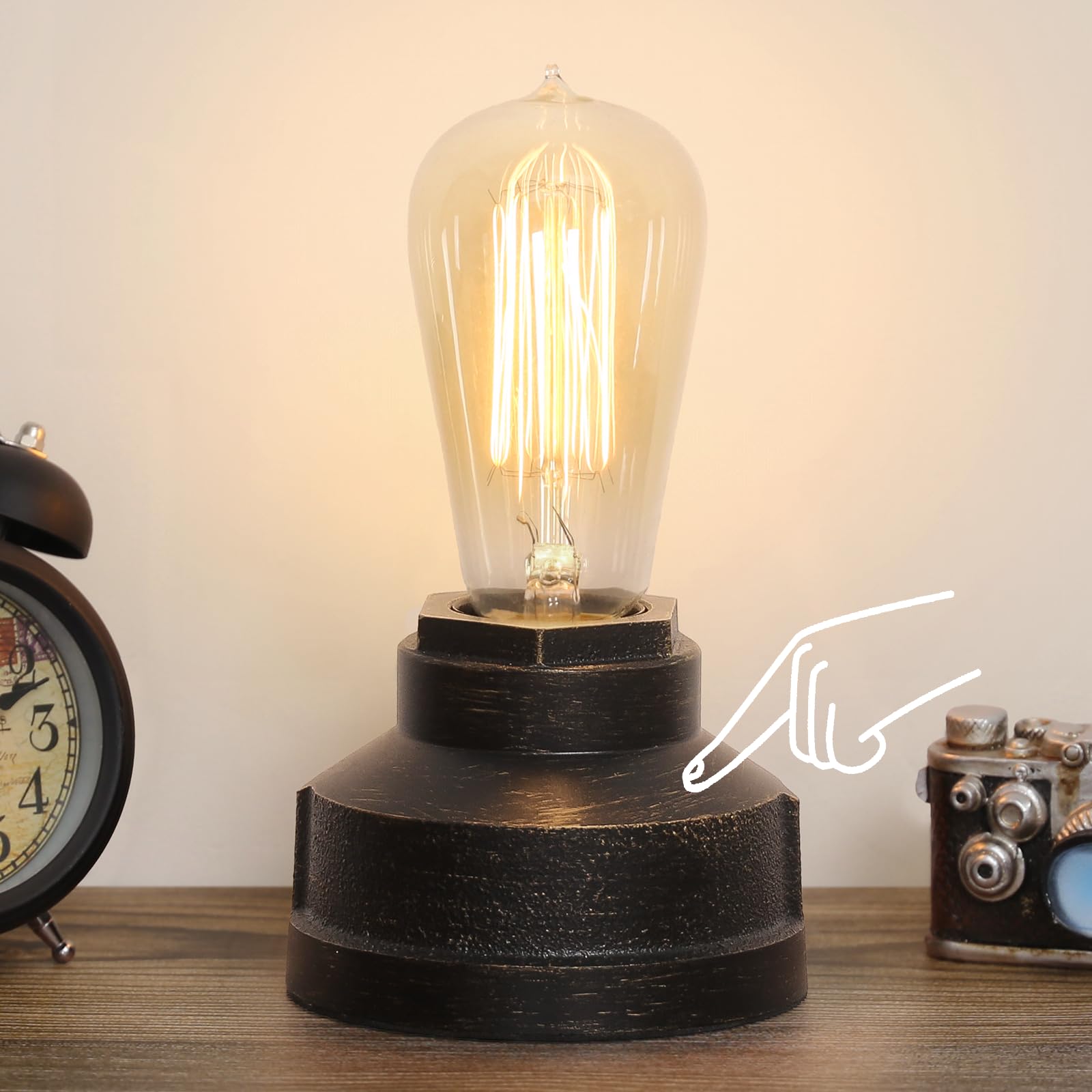 Boncoo Touch Control Table Lamp, Vintage Industrial Design, Dimmable, 4.13in x 2.83in, Black with Brushed Gold, Iron Material