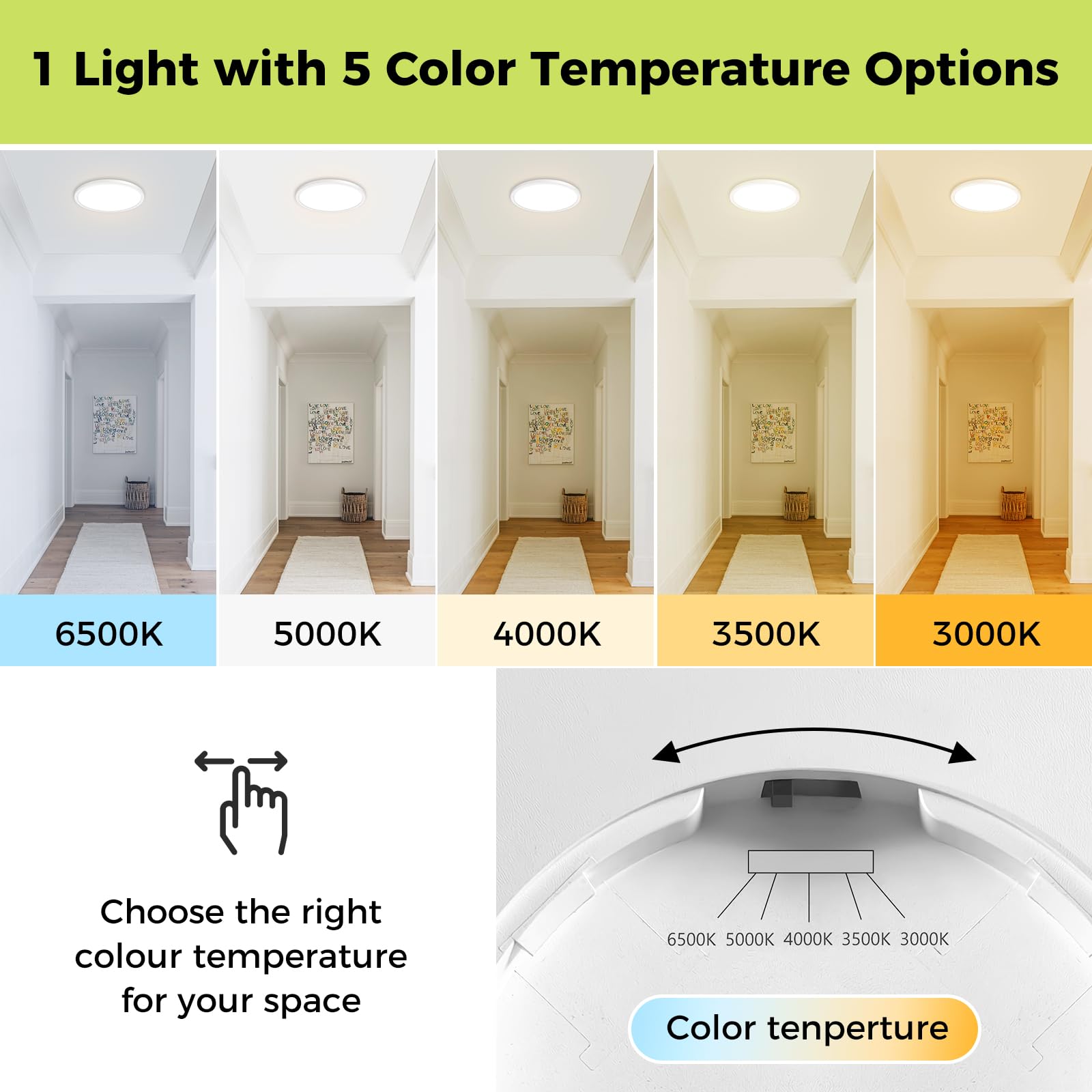 Hepside 2Pack LED Ceiling Light Fixture, Dimmable 15W, 7Inch, Adjustable 3000K-6500K, Round, White
