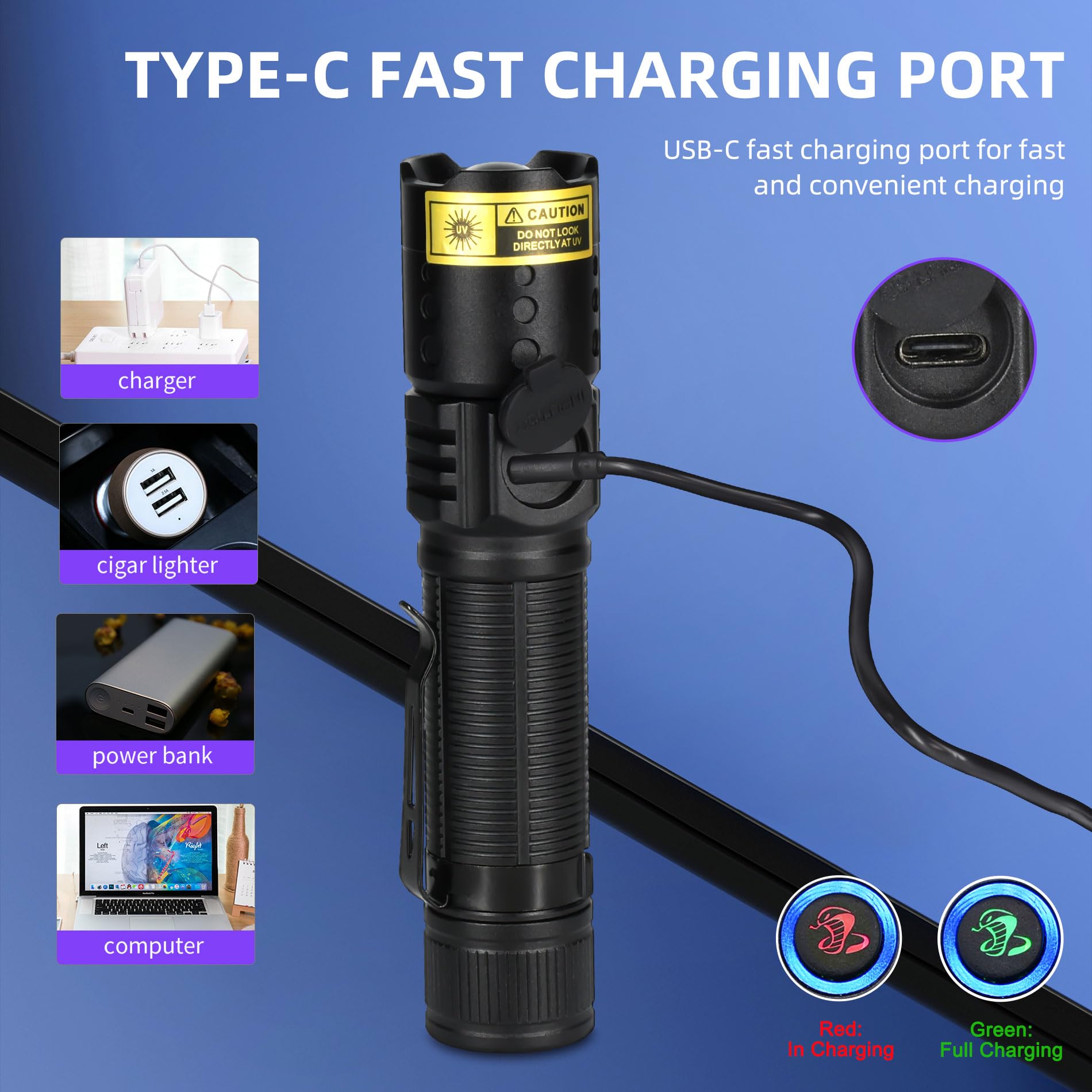 DARKBEAM UV Flashlight, 395 NM Black Light LED, Rechargeable USB-C, Water Resistant, Focusable, Model B61-DB-395NM