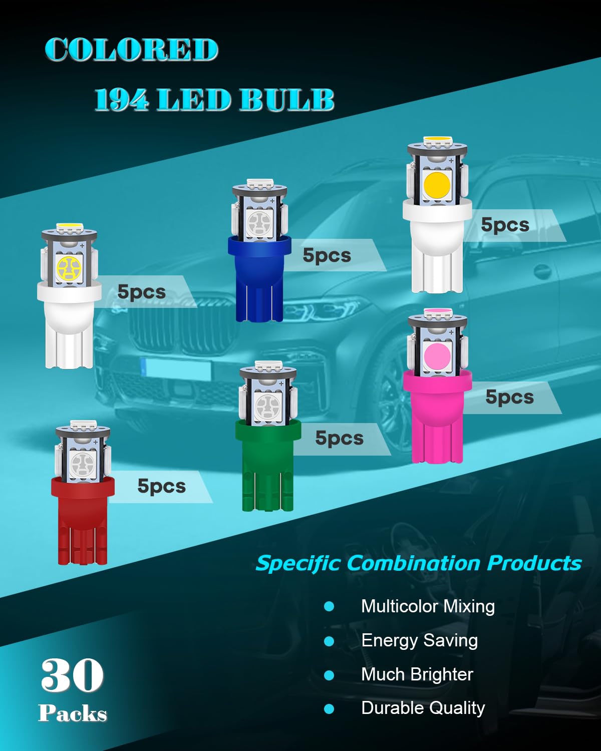Alopee 30 Pack (6 Colors Mixing) 194 Led Bulb T10 Wedge Led Bulb 5Smd-5050 168 Led Bulb, 921 2825 Led Bulb W5W 158 501 Led Light