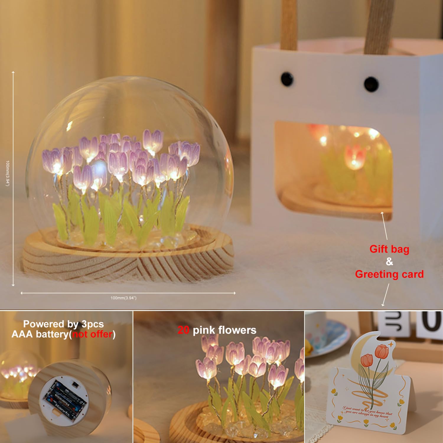 LOGAZOO Tulip Lamp - 20 Flower Night Light, Purple Glass Dome, Plastic, Model XZH05PK, Handmade Table Decoration for Home or Gifts