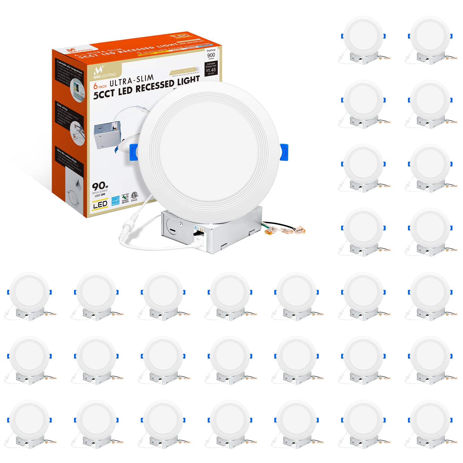 Mw Ultra-Thin Led Recessed Light With Junction Box,Baffle Trim, 2700/3000/3500/4000/5000K, Dimmable, 650Lm, Energy Star (30, 6 I