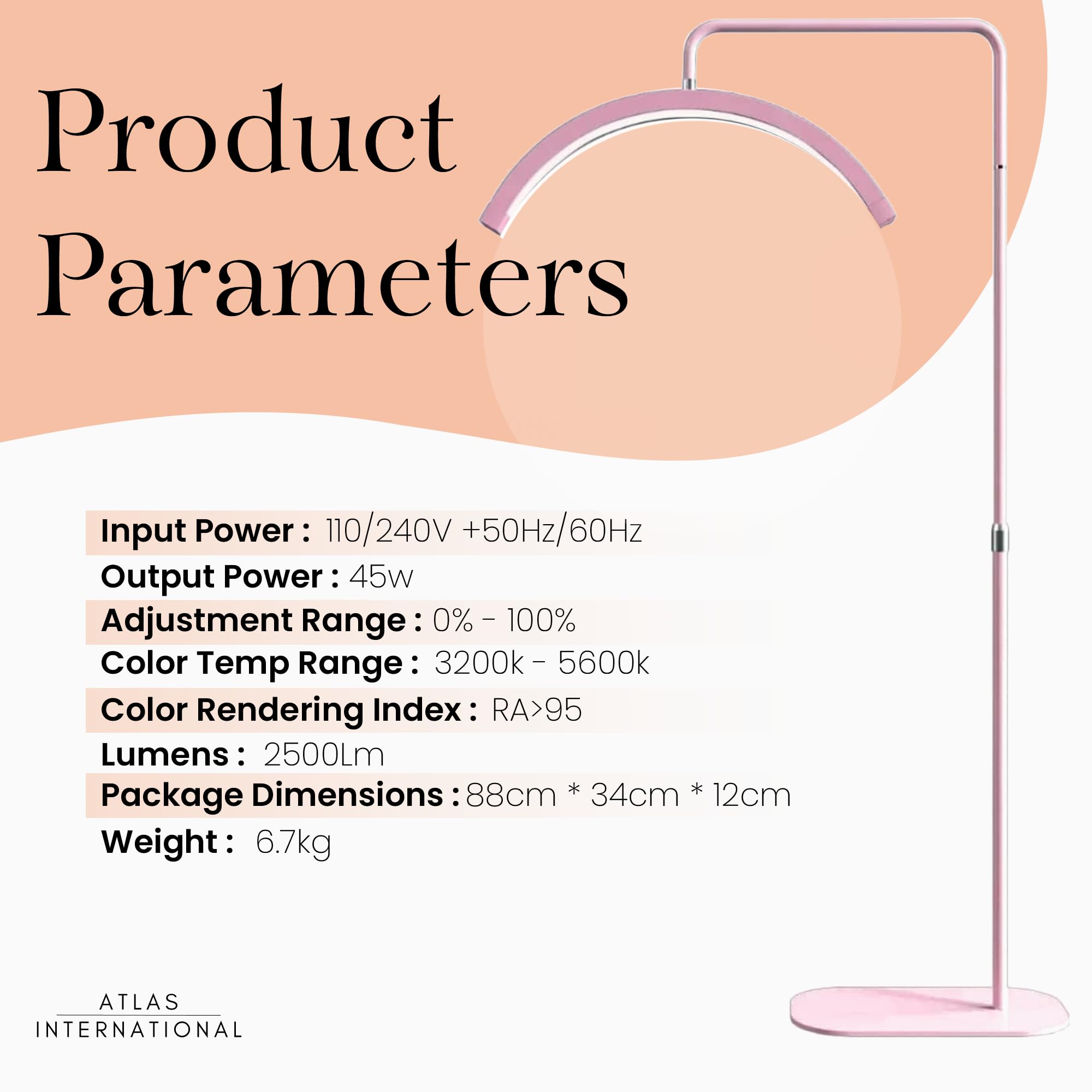 Atlas View Dimmable LED Half Moon Lash Light - Adjustable Height, Black, 65" x 30" x 3", Aluminum, Model 4