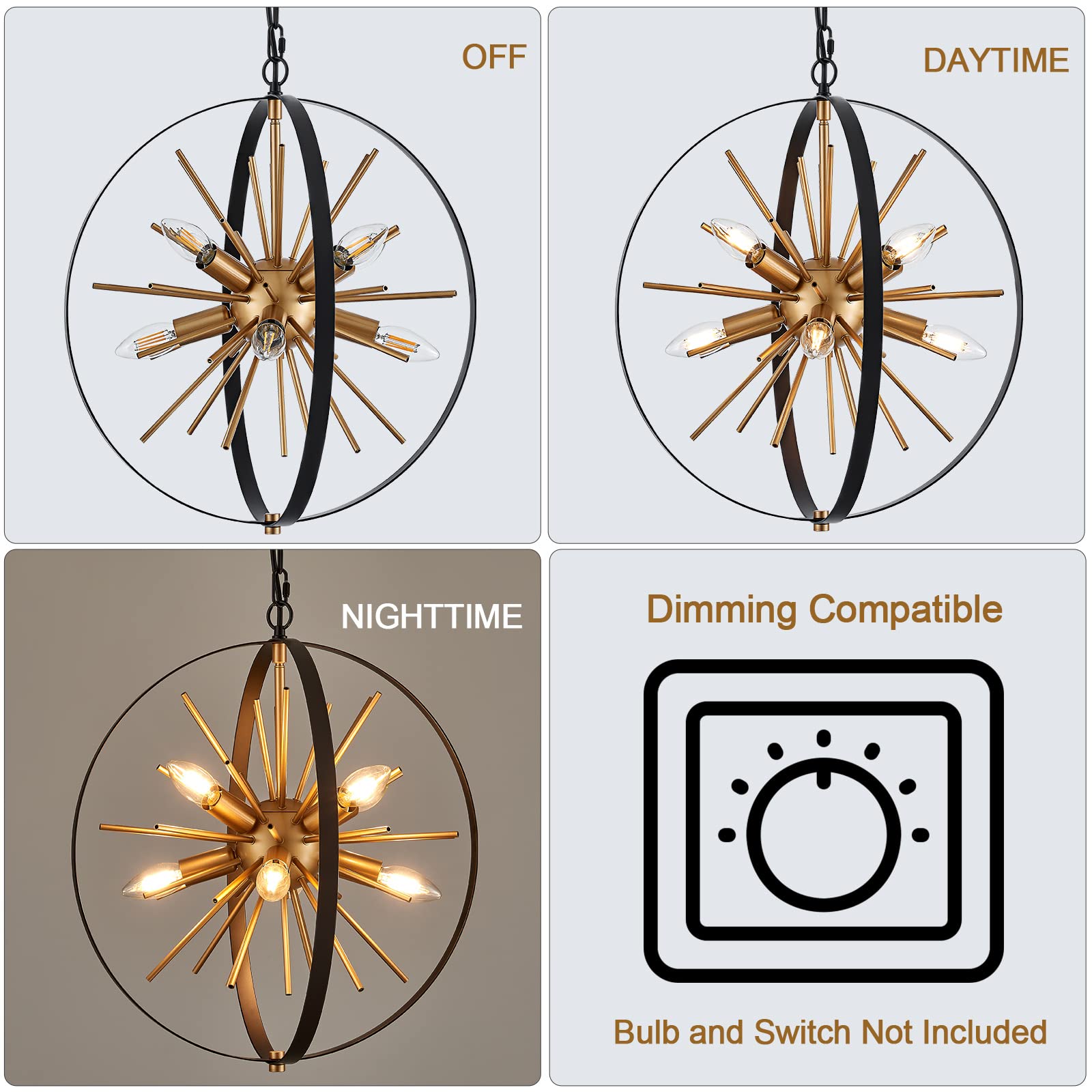 TACDANDM 8-Light Black Gold Sputnik Chandelier, 17.72'' Adjustable Metal Pendant Light for Entryway, Kitchen, Living Room