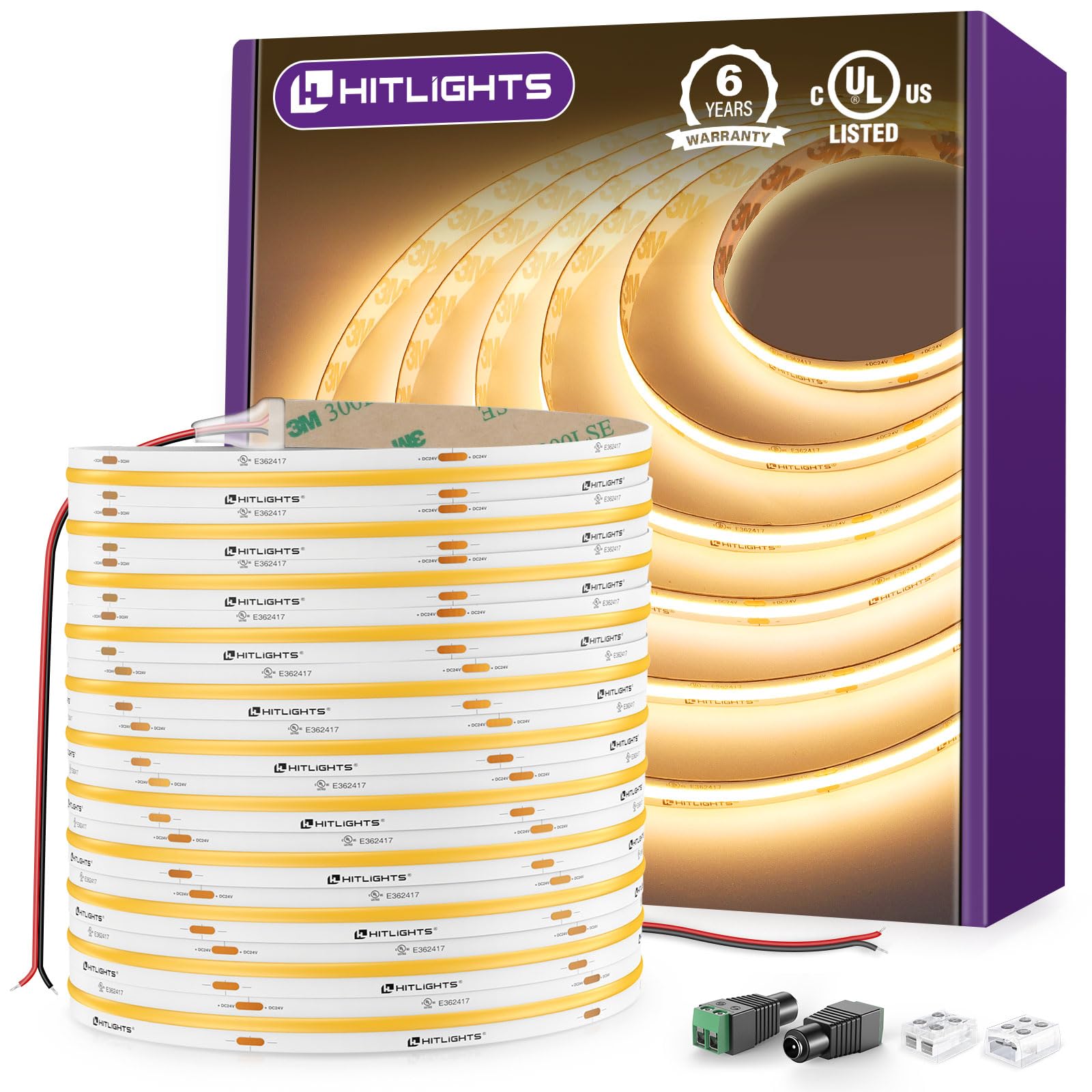 HitLights COB LED Strip Lights Warm White 3000K, 32.8ft Premium High Density 24V Tape Light, 5120 LEDs, 350+ LM/FT, CRI 90+, IP3