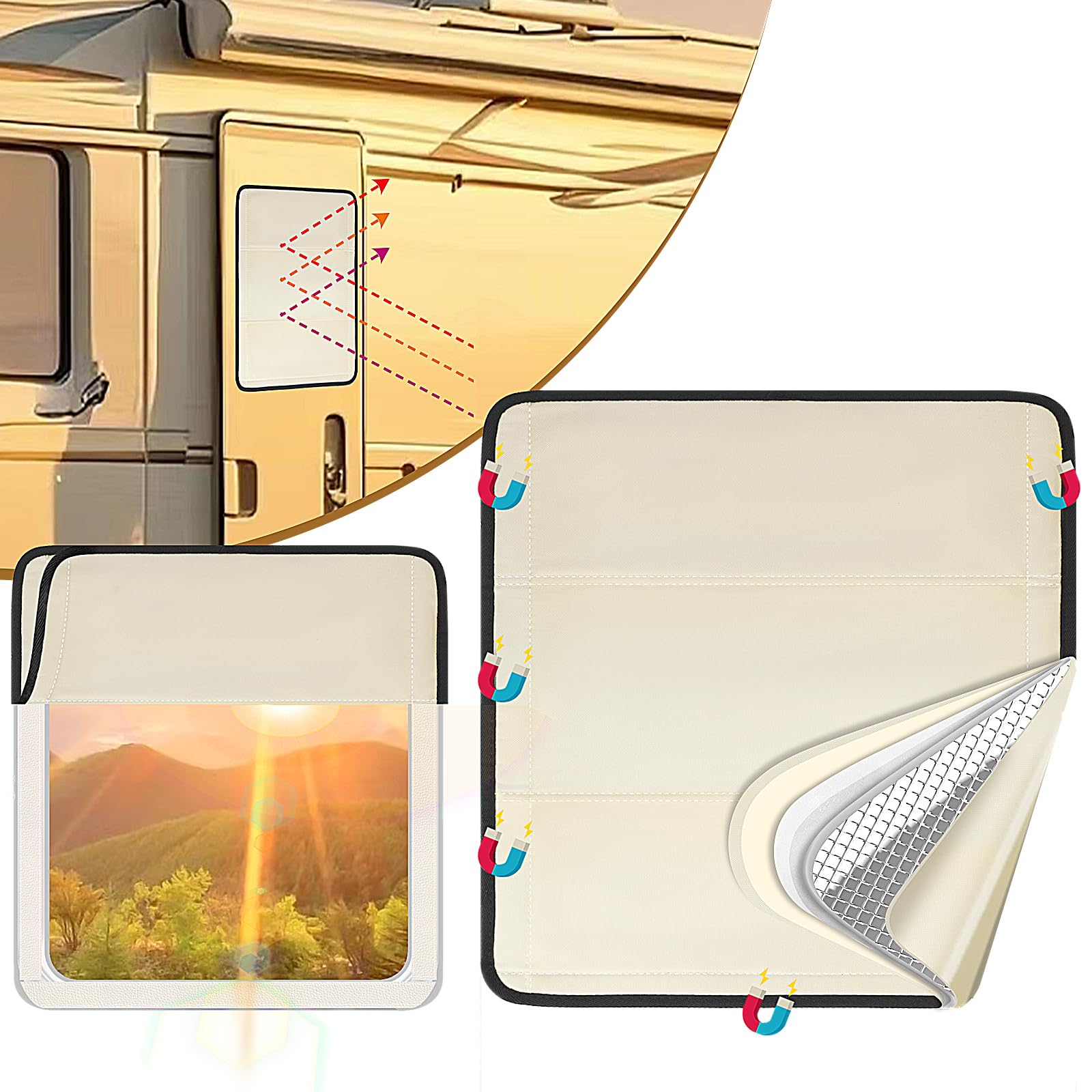 Sunico 16.5'' X 16.5'' Rv Door Window Shade Cover, Magnetic 100% Blackout Foldable Rv Window Shades For Campers With Anti-Uv Alu