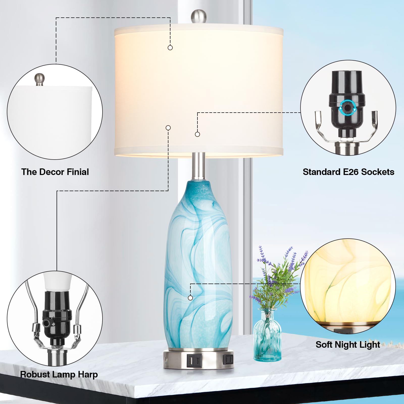 26" Coastal Table Lamps Set Of 2, Modern Table Lamps With Usb A+C Ports & Ac Outlet, Touch Control Glass Bedside Nightstand Lamp With Night Light For Living Room Bedroom End Table Blue(Bulbs Included)