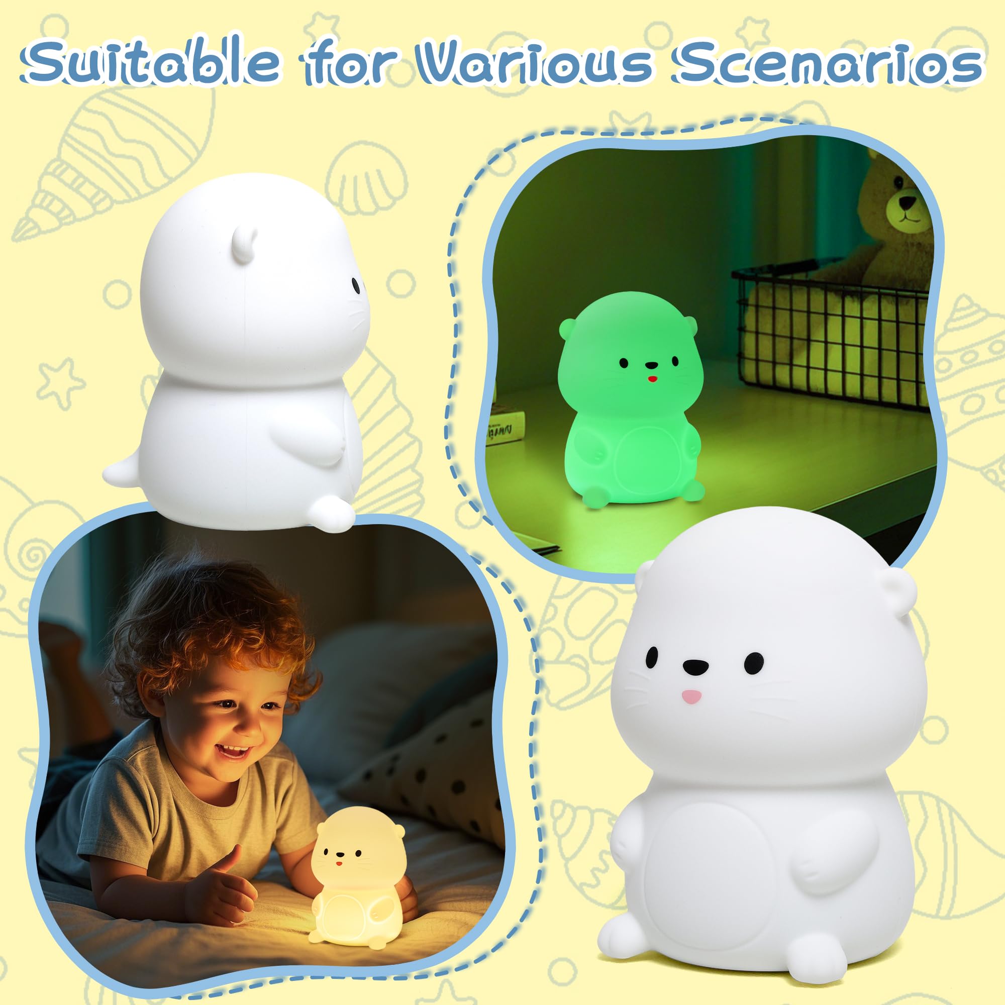 YuanDian Sea Otter Night Light, Gift for Babies and Teens, Decorate Kids Bedroom with Cute Silicone Otter Nightlights with 8 Co