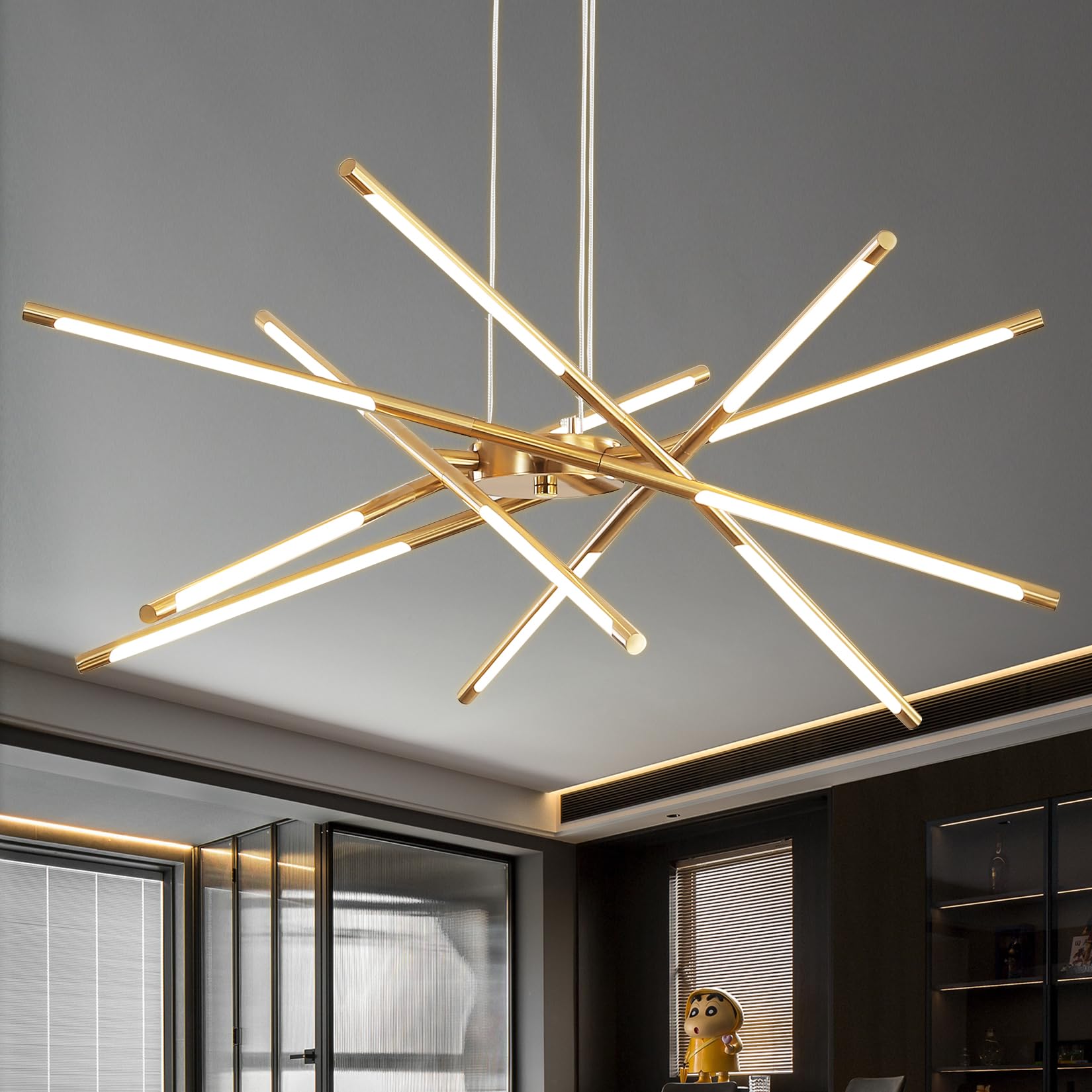 Modern Gold Chandelier,12 Lights Linear Pendant Light Fixtures LED Chandeliers for Dining Room Farmhouse Hanging Light for Bedro