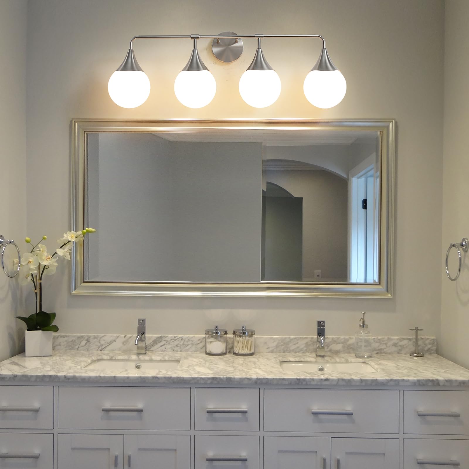 Hahzt Bathroom Vanity Light Fixtures: 4 Lights Mid Century Modern Bathroom Lighting Fixtures Over Mirrors - Brushed Nickel Wall Sconce With Milky Glass Ball Shades For Bath Bedroom