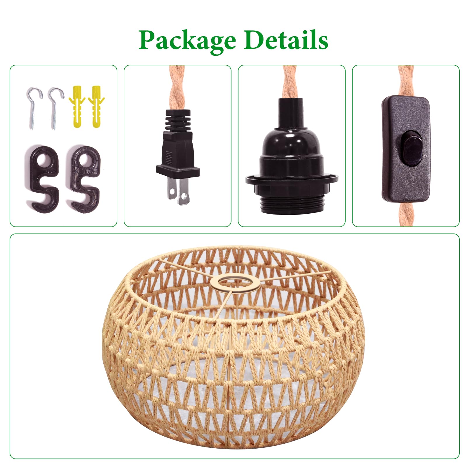 Garvot Plug In Pendant Light Rattan Hanging Lamp, Rattan Pendant Light With On/Off Switch,Rattan Woven Lampshade Hanging Lamp Pl