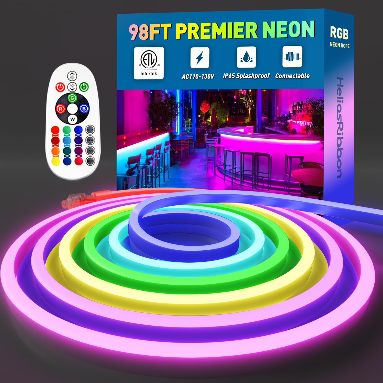 98FT RGB LED Neon Rope Lights Remote Control  ETL Listed 110-120V Outdoor Color Changing Rope Light IP65 Waterproof  Connectable and Cuttable  for Home Commercial Festival Ambient Lighting Decor