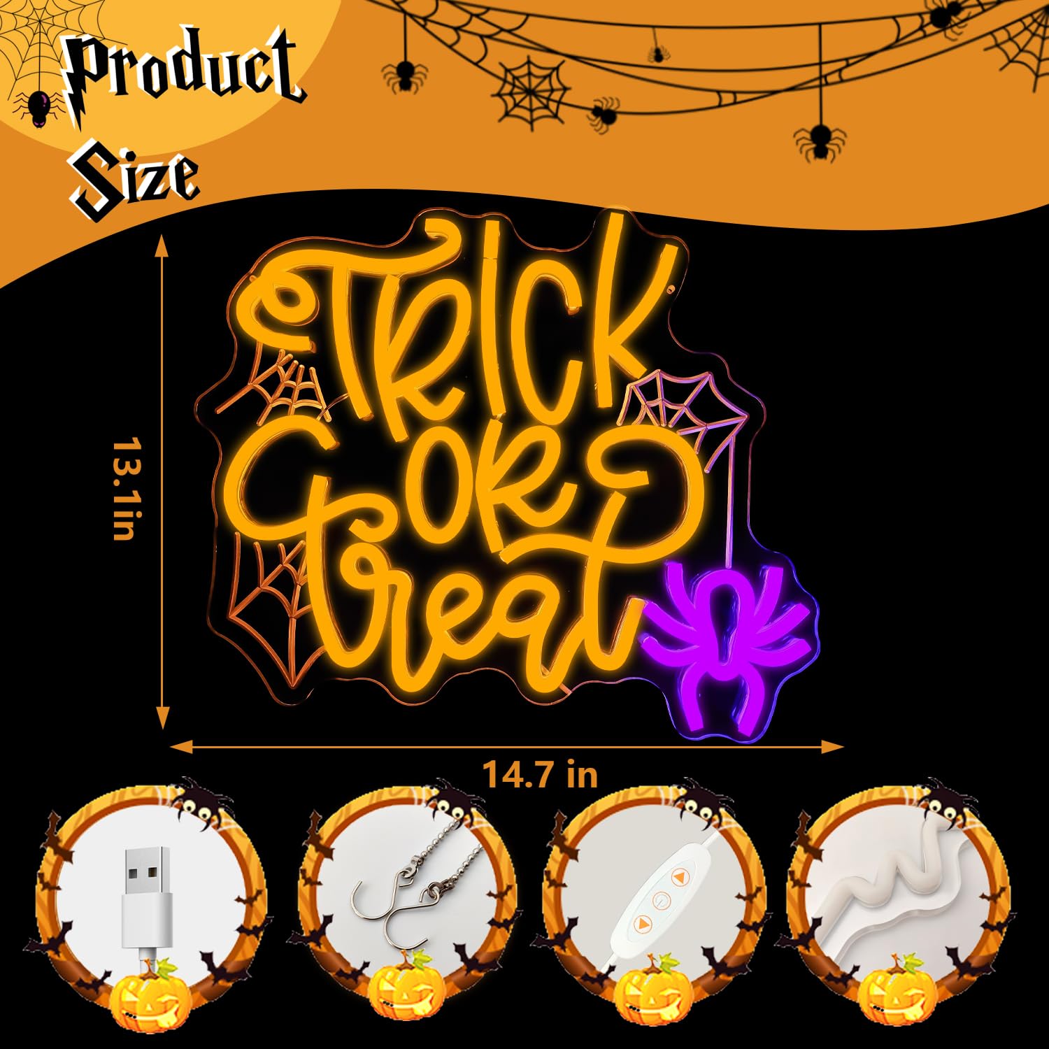 Cheunyar Halloween Neon Sign - Trick Or Treat Wall Decor, Dimmable LED Light, Colorful Acrylic Design
