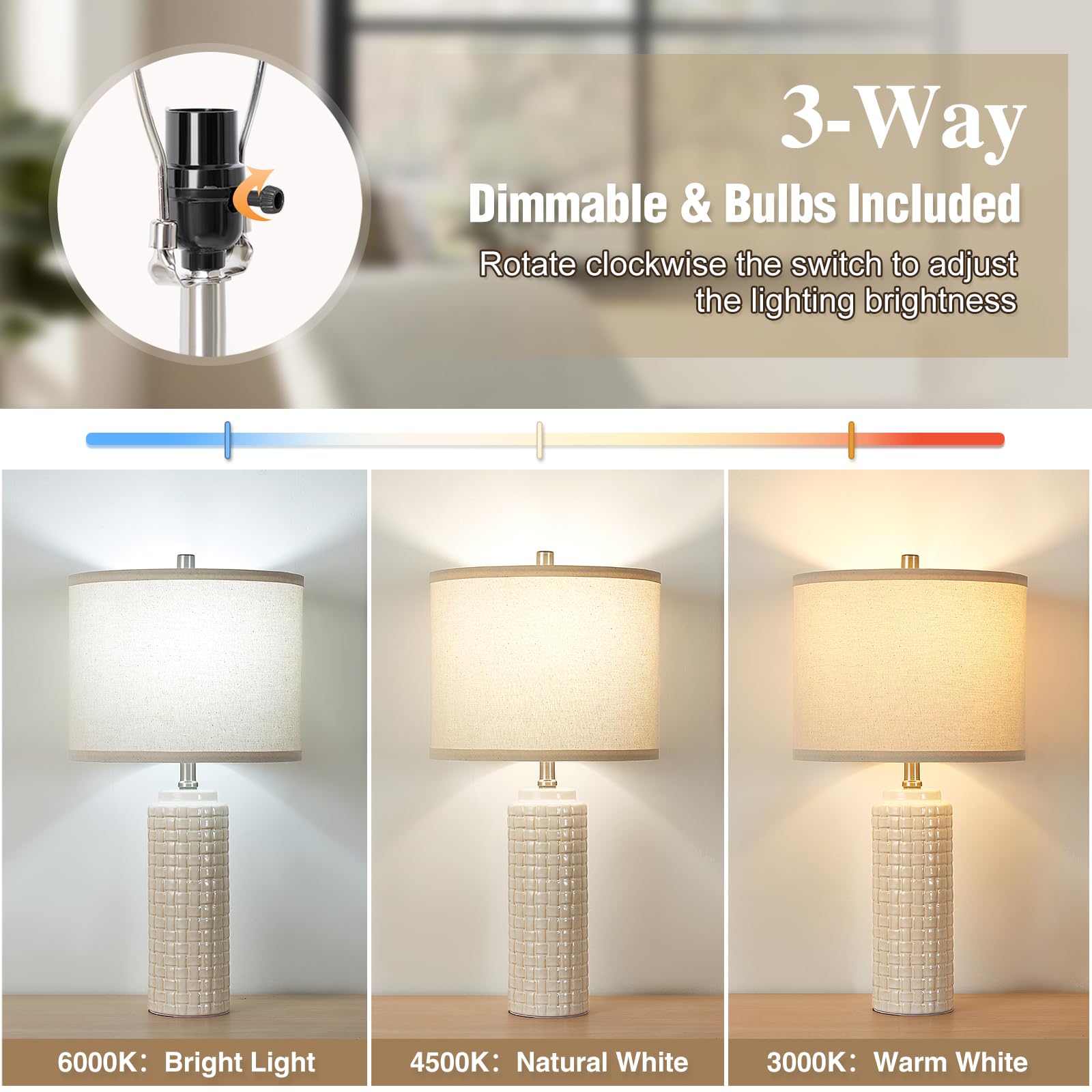 Luvkczc Ceramic Bedside Lamp Set of 2, 24.8in, Off-White, Energy Efficient, 3 Color Temperatures, Model 120