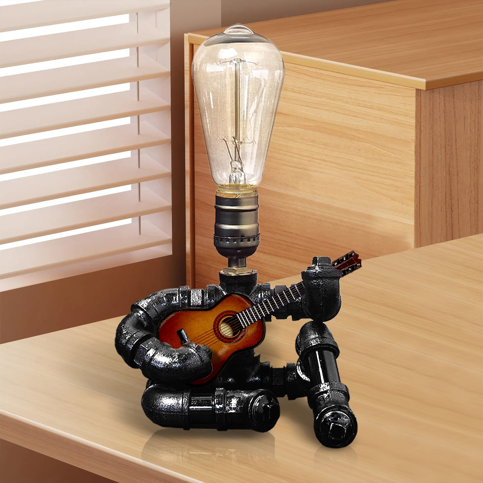 CHXTX Music Table Lamp - Retro Steampunk Edison Bulb, 13.8x6in, Brown, Metal Guitar Lamp 01 for Music Lovers