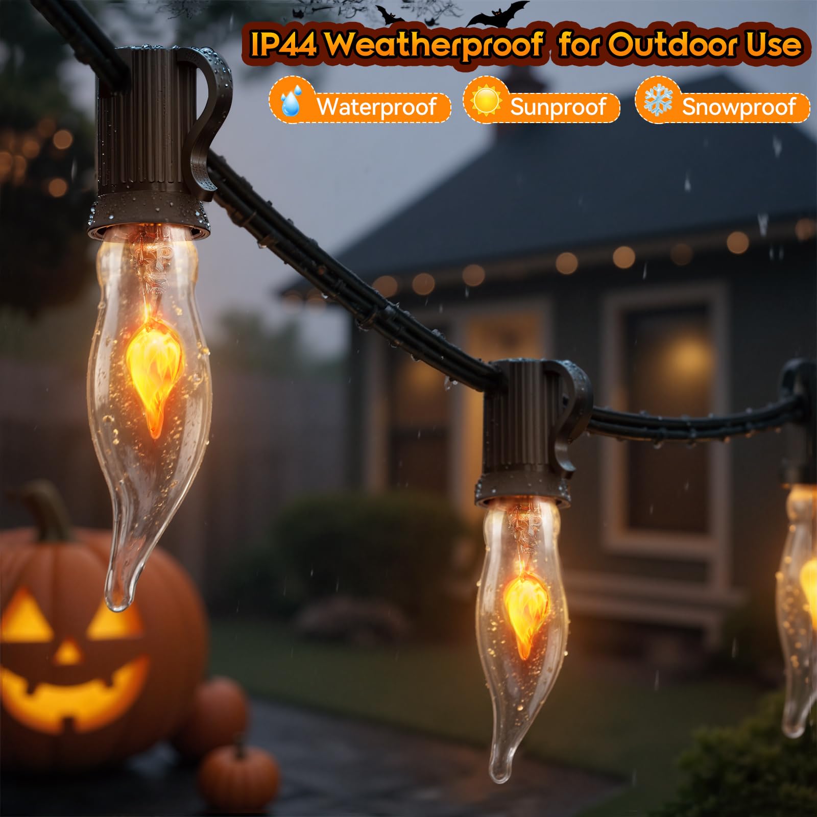 Hobbynors 50Ft Extra-Long Fall & Halloween String Lights 25 C18 Flicker Flame Bulbs For Outdoor Decor Waterproof & Connectable For Christmas  Thanksgiving & Festive Party Ambiance