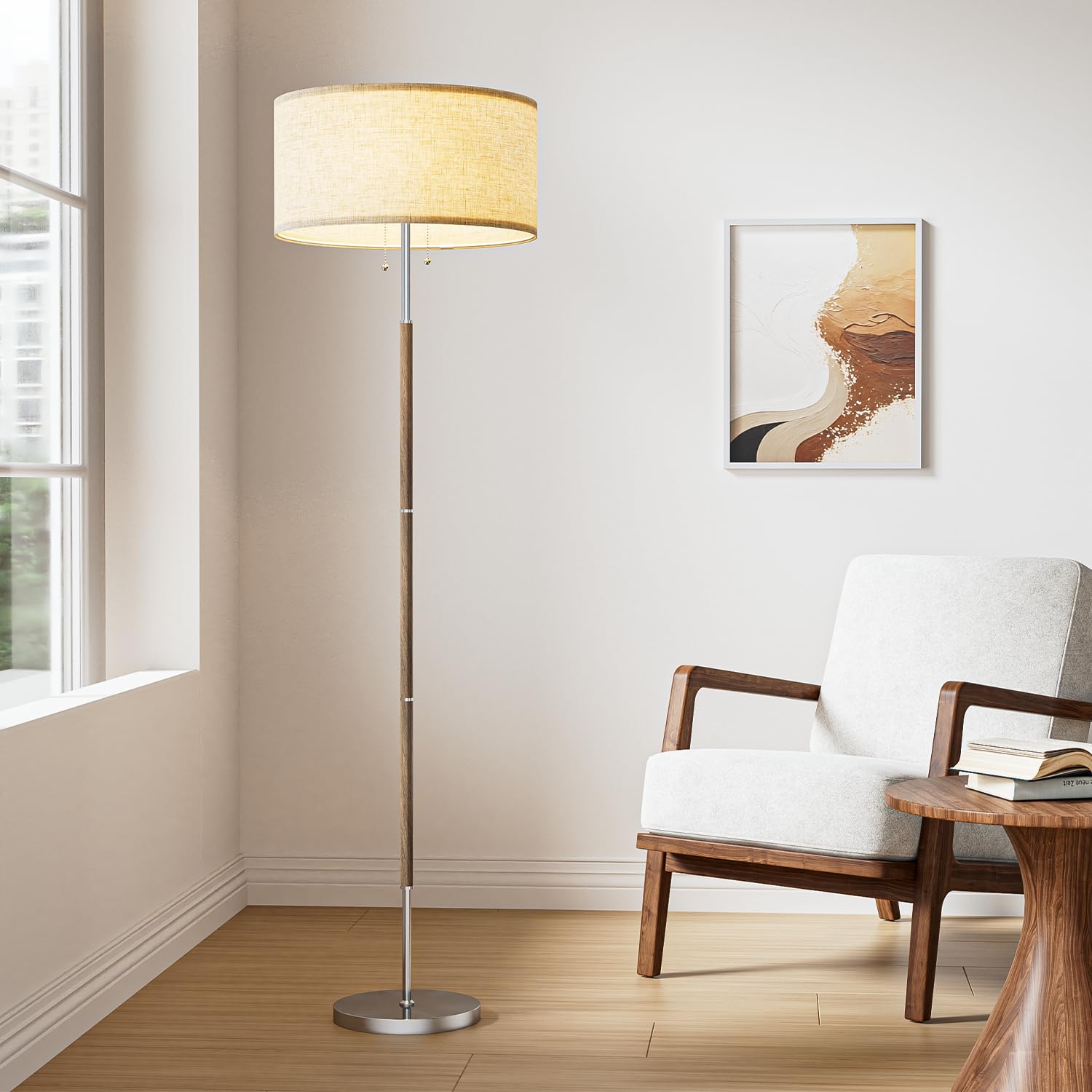 Karjoefar 2-Light Floor Lamp, Nickel Silver & Beige, Mid Century Design, 3 Color Temperatures, Model DFP03