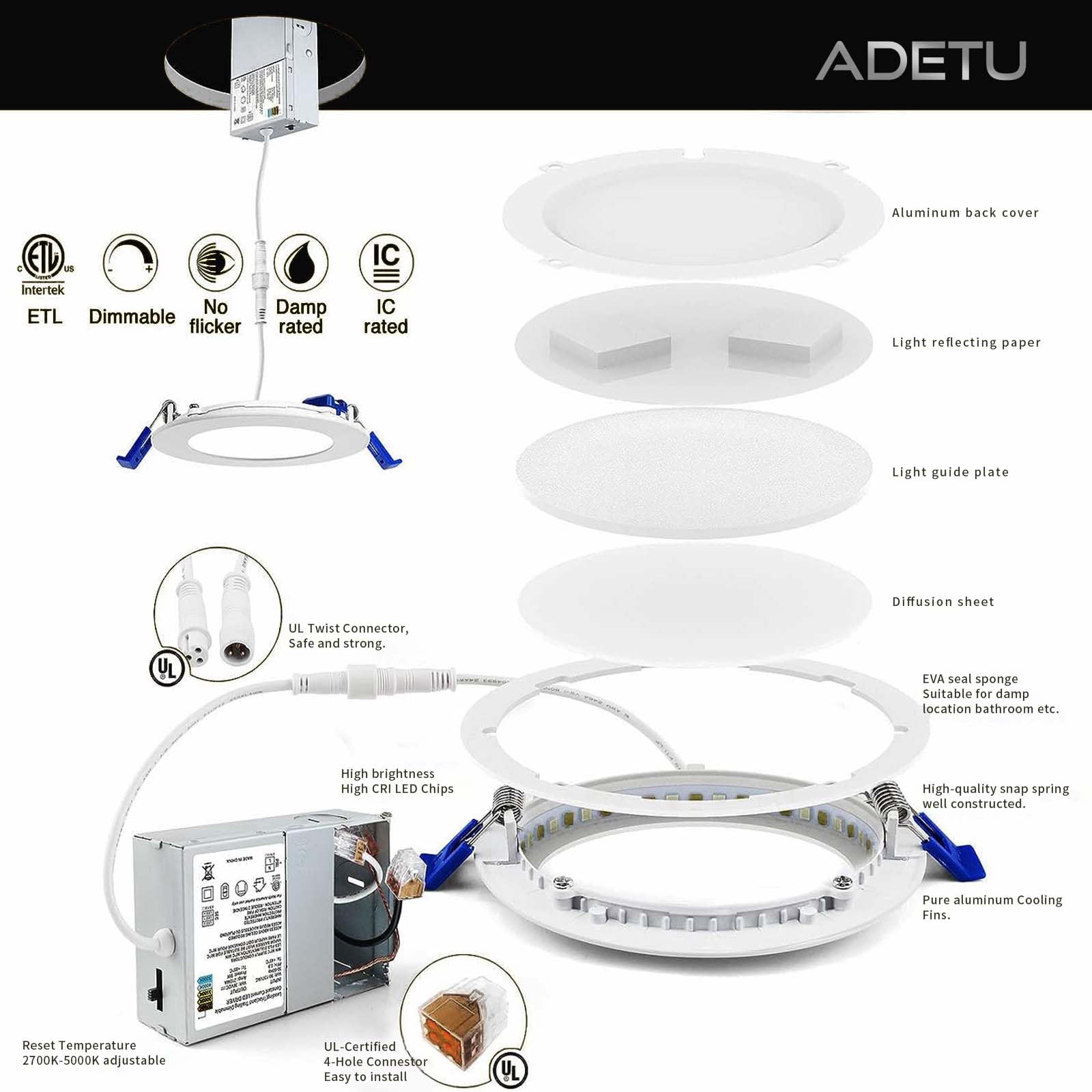 Adetu 6 Pack 4 Inch 5Cct Ultra-Thin Led Recessed Ceiling Light With Junction Box,Dimmable Canless Wafer Downlight,2700K-5000K Se