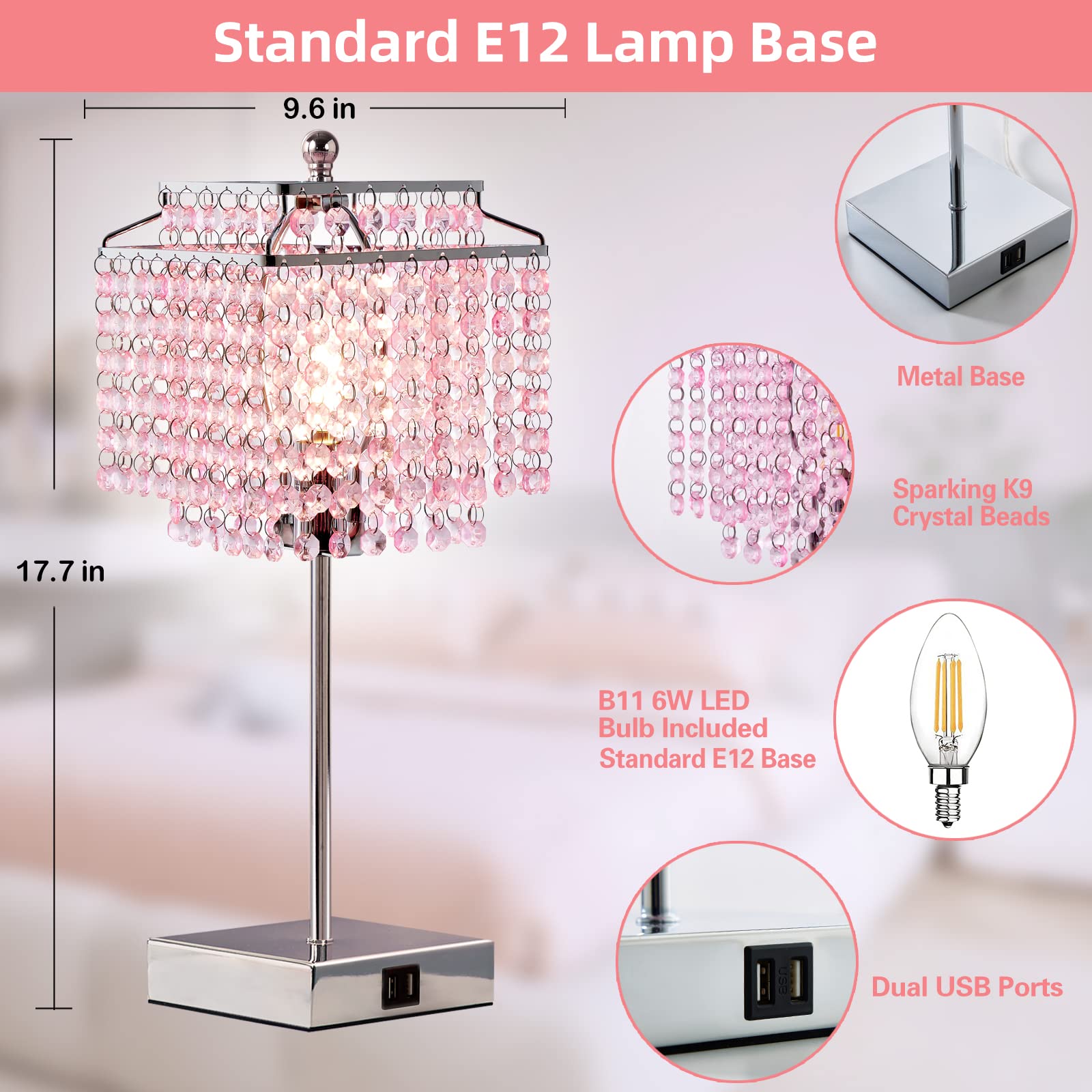 Luvkczc Set Of 2 Bedside Pink Crystal Table Lamp, Touch Control 3-Way Dimmable Lamp With Crystal Shade For Bedroom, Girl Living