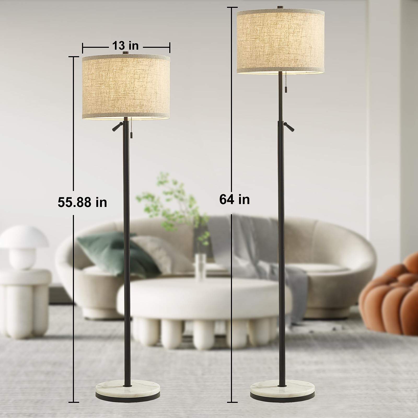 GyroVu Adjustable Height Marble Floor Lamp, Black, Pull Chain Switch, for Living Room & Office