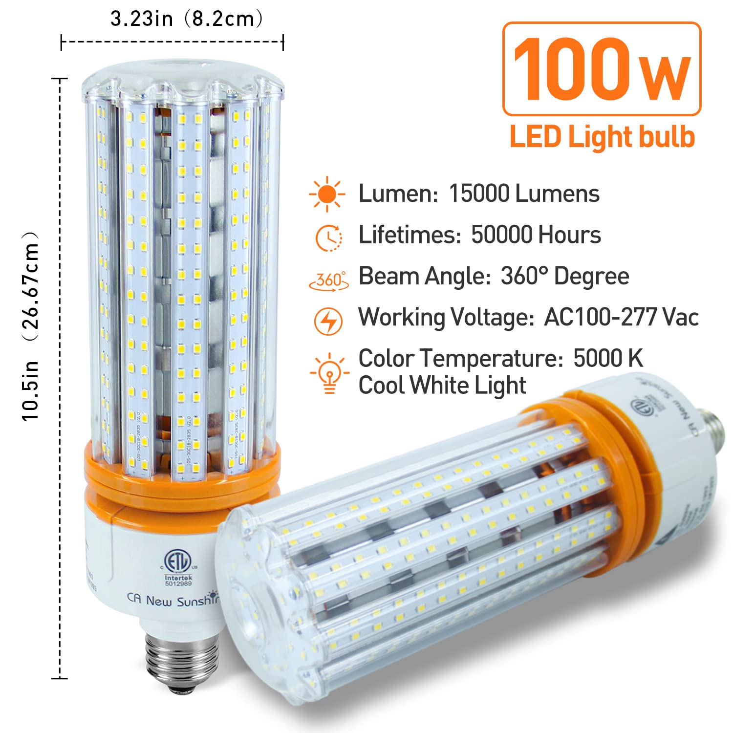 1000W Equivalent Led Corn Bulb, Led Corn Light Bulbs 15000 Lumen 5000K Daylight White Lamp,E26/E39 Medium Mogul Base,2-Pack 100W