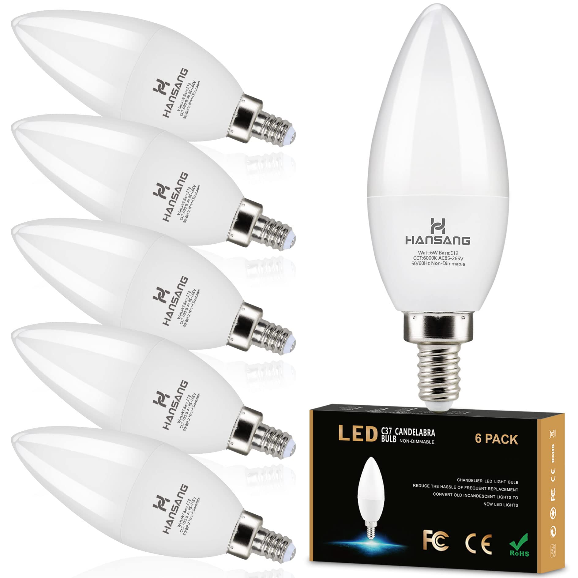 Hansang E12 Candelabra Led Light Bulbs 6000K Cool Daylight White, Small Base Type B Light Bulb For Chandelier, 6W 60Watt Equival